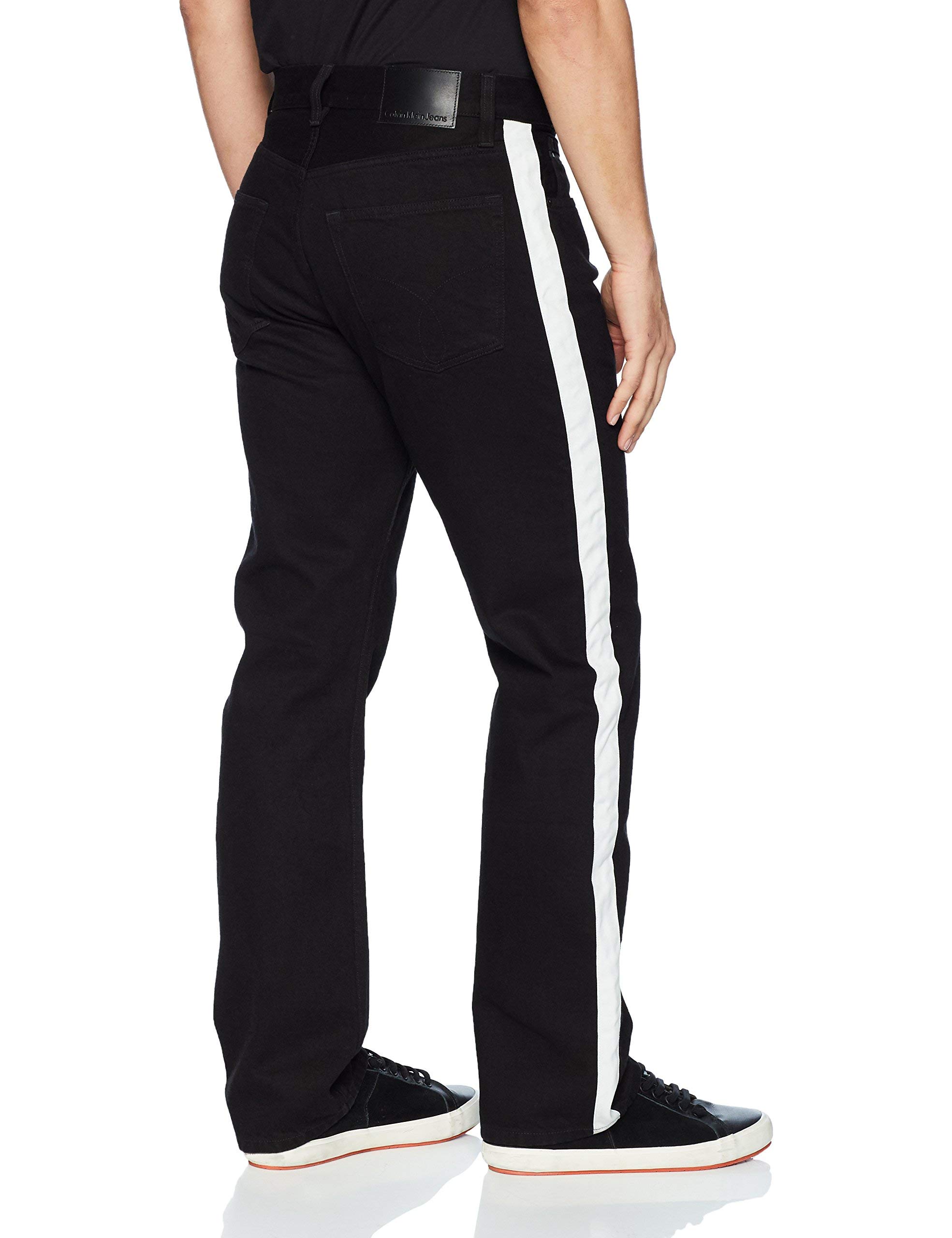 Calvin Klein Jeans Men's High Rise Straight Fit Black Denim Pants with White Stripe - 32x32 Size, Classic Casual & Office Wear for Everyday Style