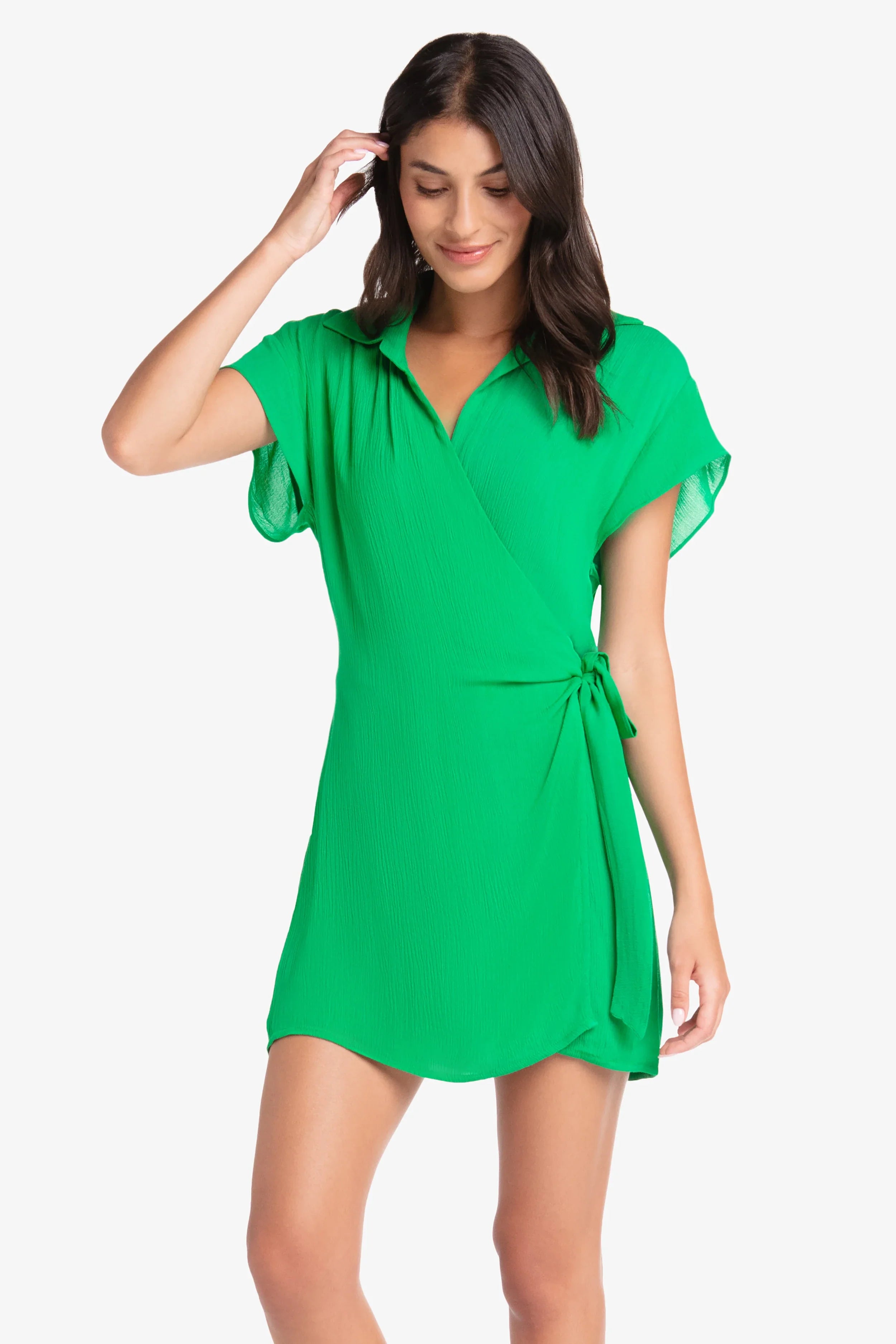 Flutter Sleeve Wrap Dress in Kelly Green - Elegant Women's Summer Dress for Casual Outings, Date Nights & Beach Vacations