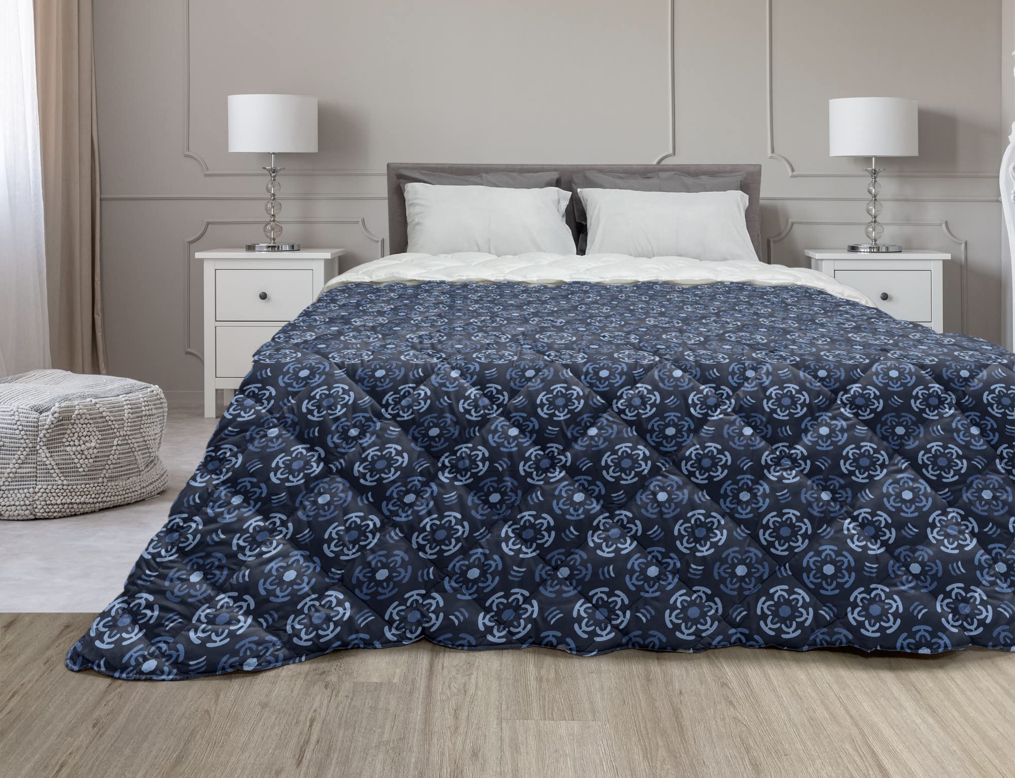 Ambesonne Blue Down Alternative Comforter - Twin Size Dark Night Blue, Abstract Circular Floral Ethnic Pattern Microfiber All-Season Bedding | Perfect for Guest Rooms, Dormitories & Cozy Bedroom Decor