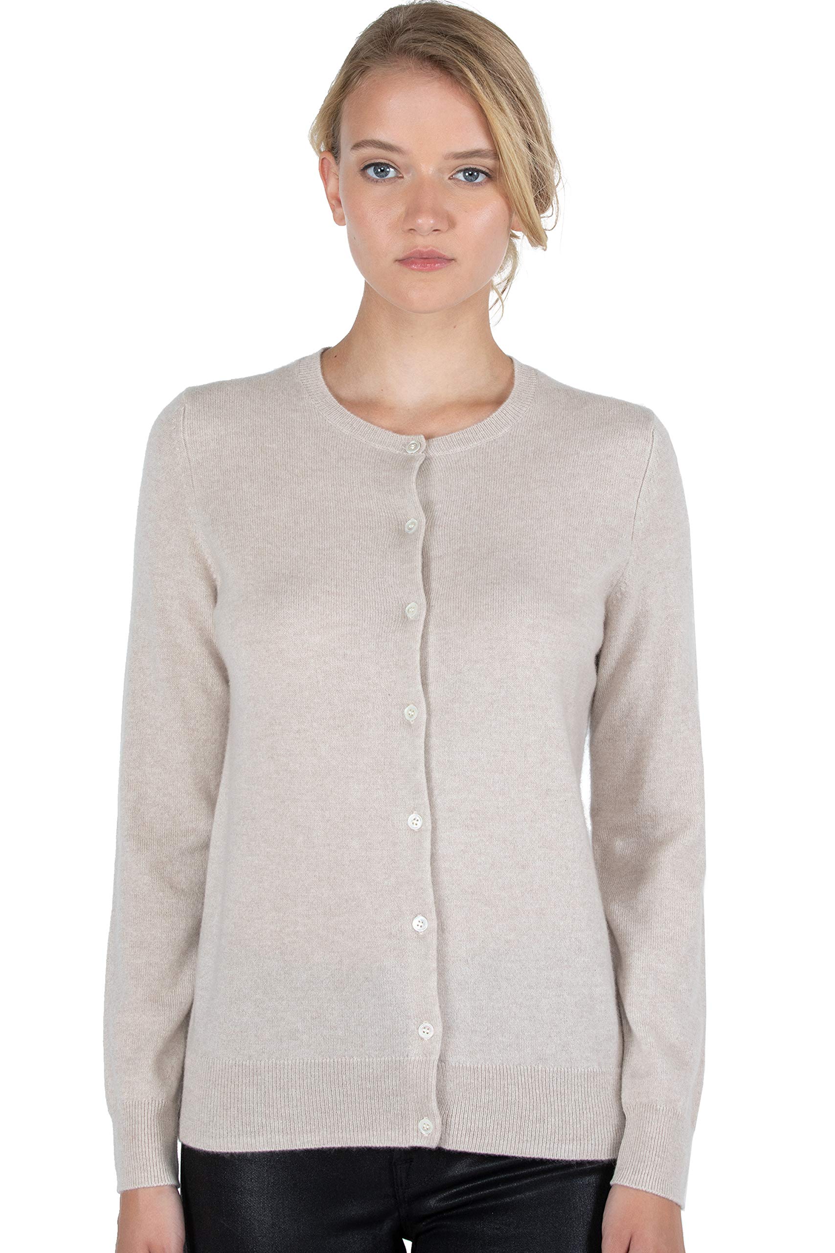 JENNIE LIU 100% Cashmere Women's Button Front Long Sleeve Crewneck Cardigan Sweater | Soft Warm Winter Pullover for Office, Travel & Casual Outfits
