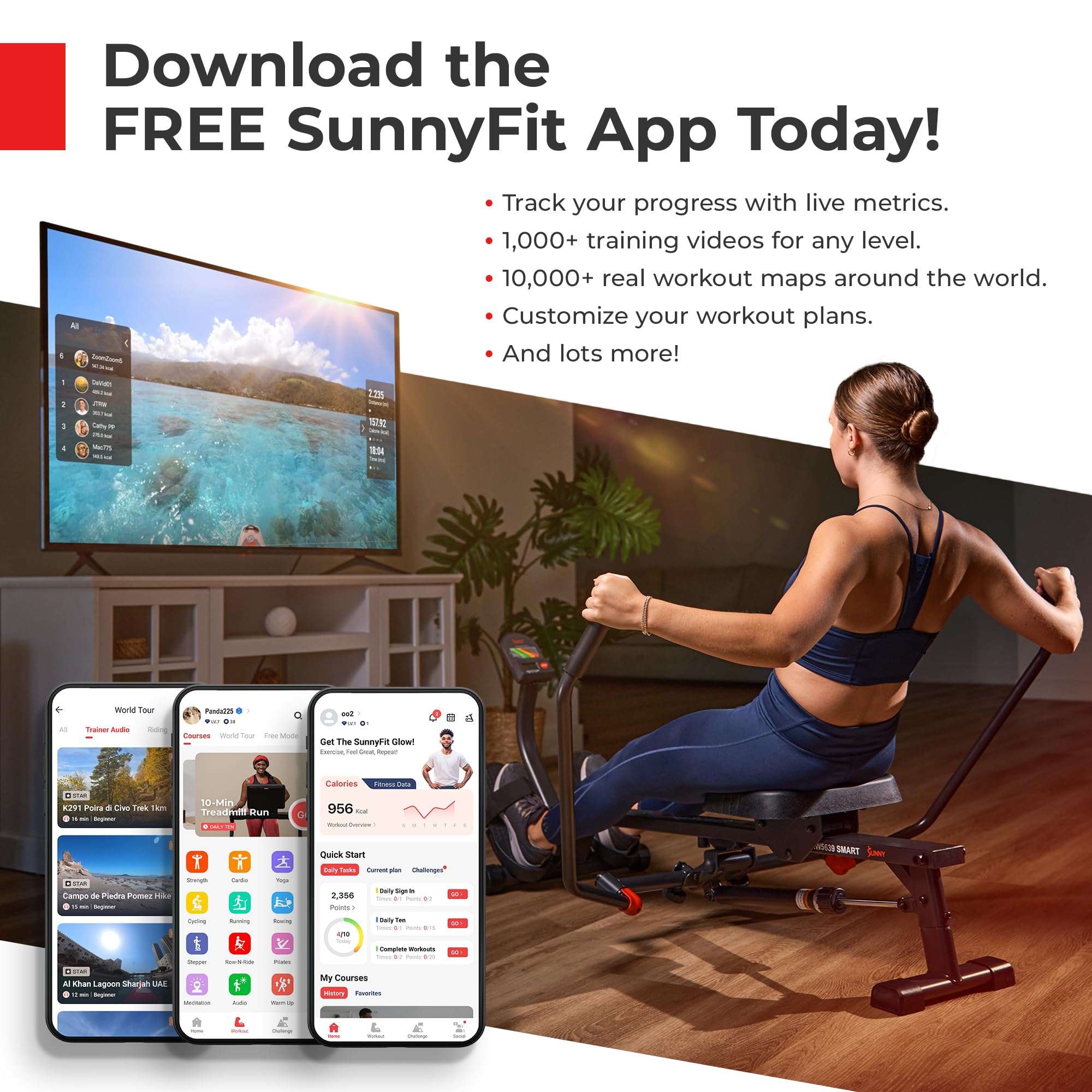 Sunny Health & Fitness Magnetic Rowing Machine - Quiet Home Rower with LCD Monitor & Compact Design | Perfect for Small Spaces & Full-Body Workouts | Connects to Free SunnyFit App for Tracking Progress