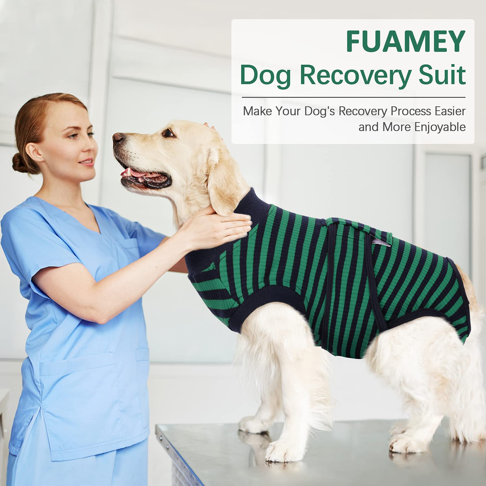 FUAMEY Post-Surgery Recovery Suit for Dogs - Soft, Breathable Dog Bodysuit Alternative to E-Collar & Cone - Male & Female Dog Neuter/Spay Suit - Anti-Licking Wound Protection Onesie - Green & Black Stripes - XXL - Ideal for Post-Operative Care, Wound Healing & Comfort