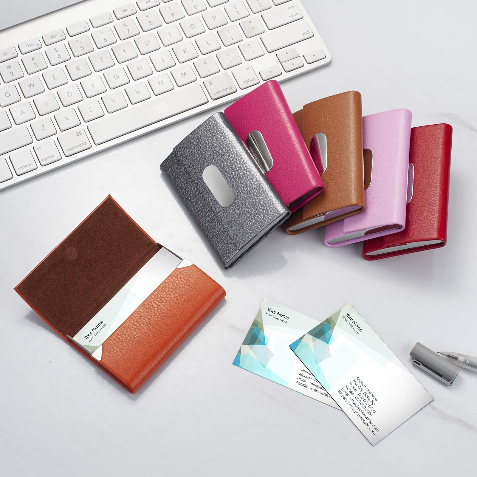Elegant PU Leather & Stainless Steel Business Card Holder for Women - Slim Magnetic Closure Wallet for Credit Cards and Name Cards (Red) | Perfect for Office Professionals, Networking Events and Daily Organization