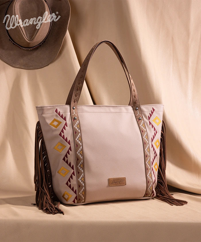 Wrangler Aztec Embroidered Fringe Wide Tote Bag for Women - Stylish Boho Shoulder Purse for Beach, Travel & Everyday Use