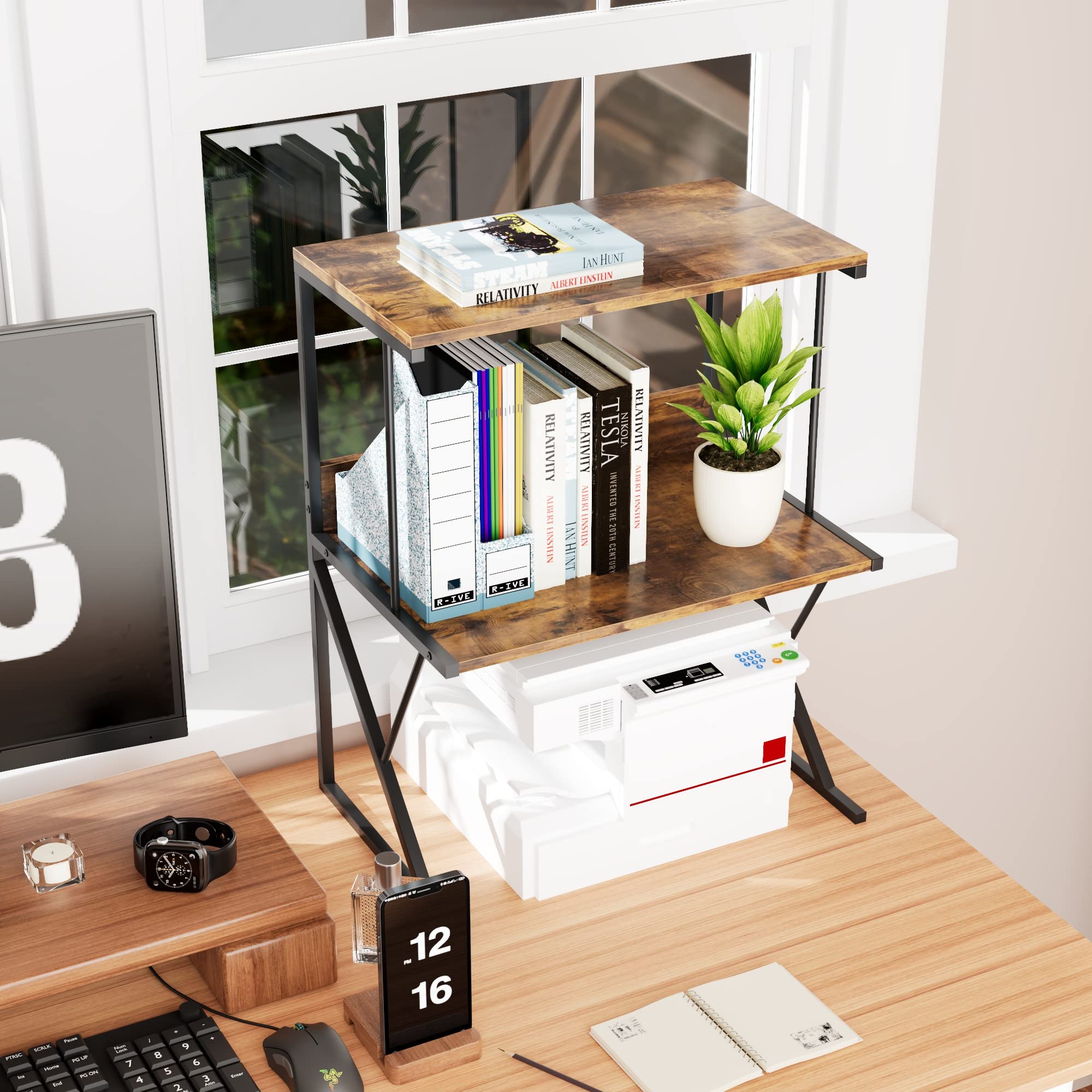 Aboxoo 3-Tier Rustic Brown Printer Stand for Desk - Multi-Purpose Office Shelf Organizer for Printer, Fax Machine & Books | Perfect for Home Office & Workspace Organization