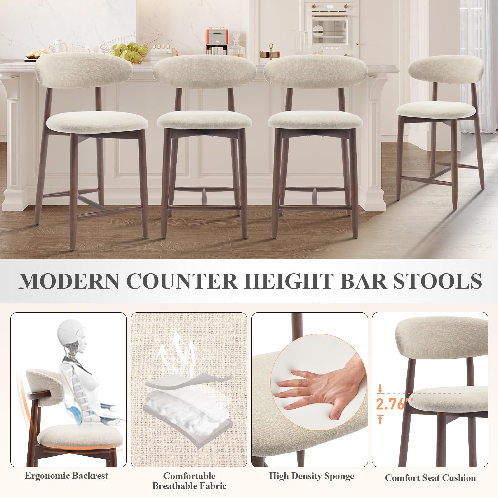 COLAMY 2-Pack Upholstered Bar Stools with Wooden Legs - 24