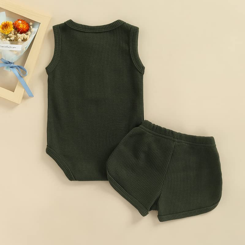 Newborn Baby Boy Summer Outfit - 2Pcs Waffle Knit Romper & Shorts Set with Sleeveless Bodysuit | Soft Cotton Comfort Wear for Playtime & Outdoor Activities