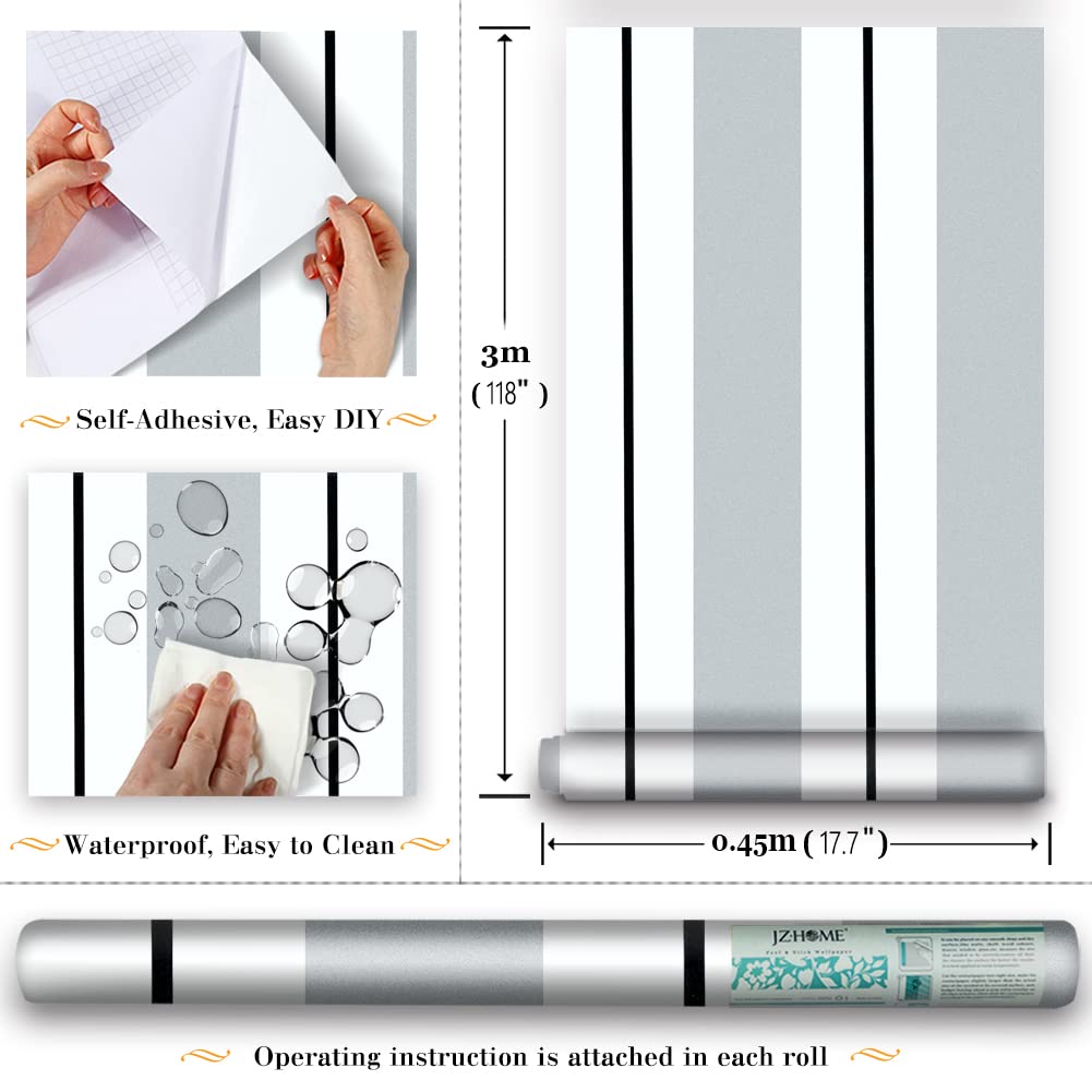 Y13403 Silver White Black Stripe Peel and Stick Wallpaper - 17.7