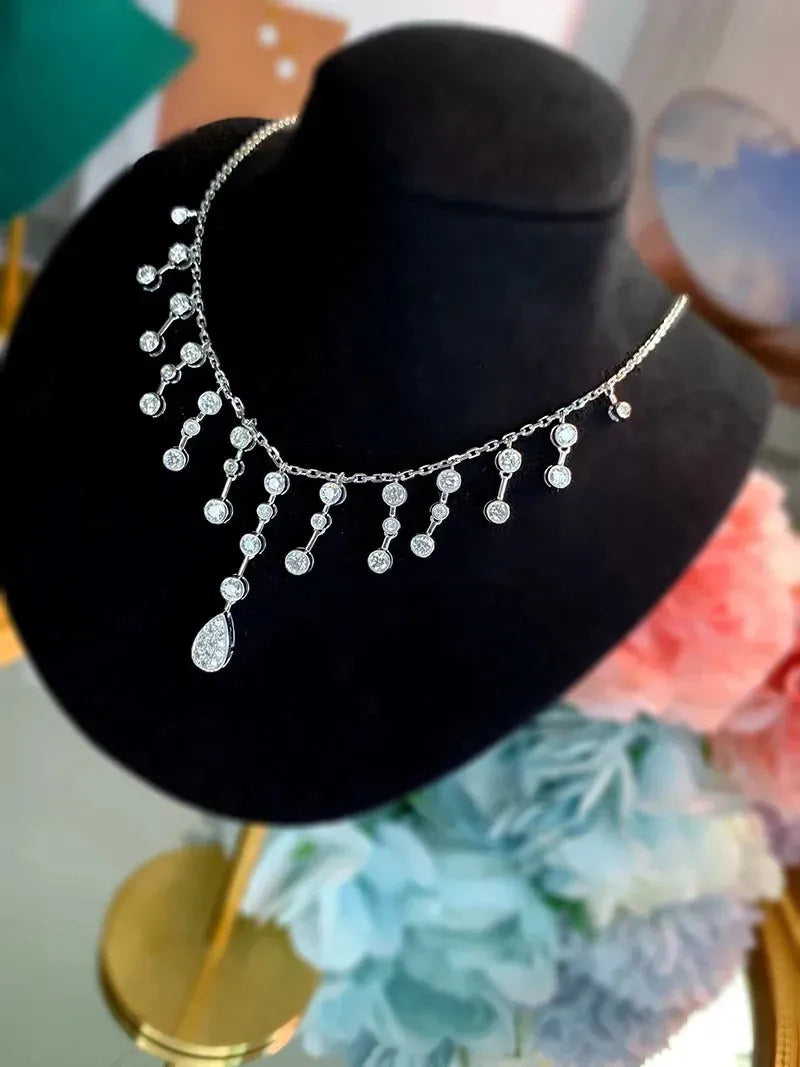 18K White Gold Tassel Necklace with Real Natural Diamond Pendant - Luxury Women's Jewelry for Parties, Weddings & Special Occasions