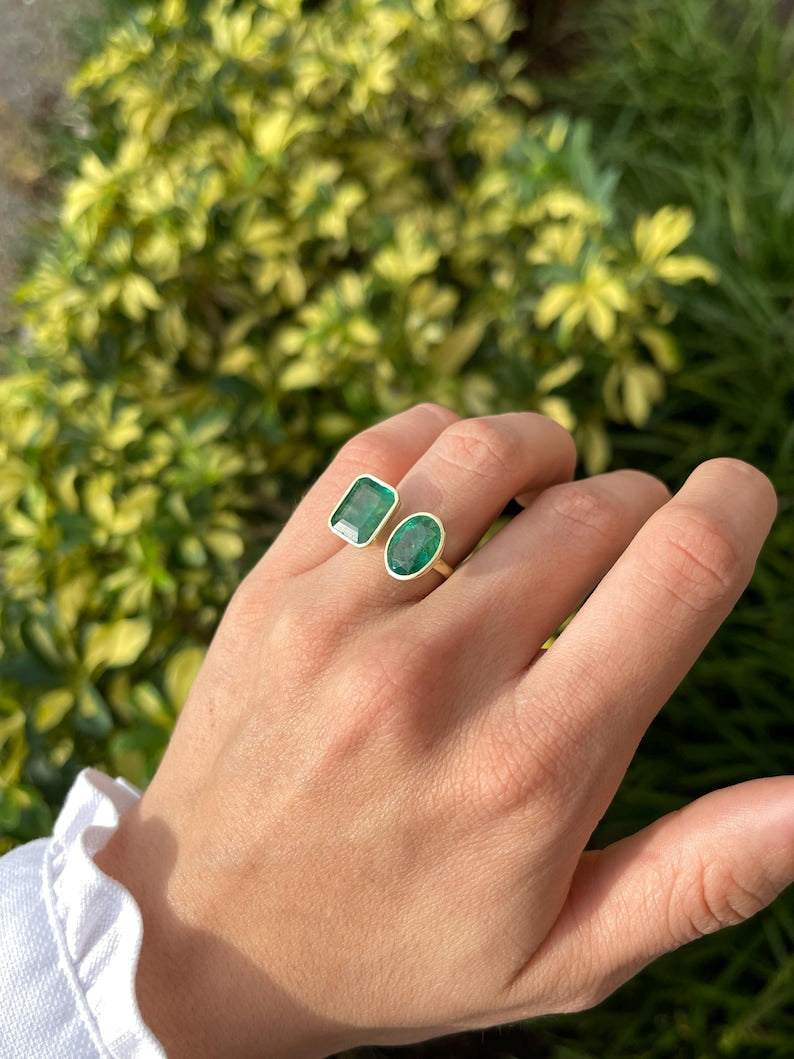 8.80tcw 18K Gold Toi Et Moi Ring with Emerald & Oval Cut Deep Green Gemstones | Vintage Inspired Engagement Ring, Wedding Band, Anniversary Gift for Her