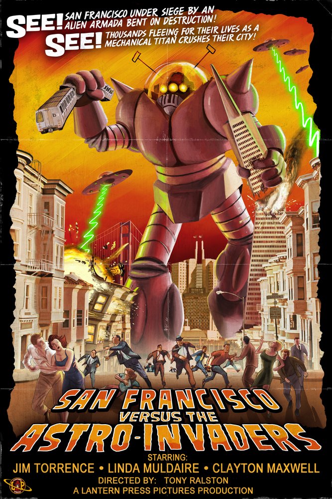 San Francisco Versus the Astro-Invaders 41566 - Signed 24x36 Art Print Poster | Vintage Sci-Fi Wall Decor for Living Room, Office & Game Room