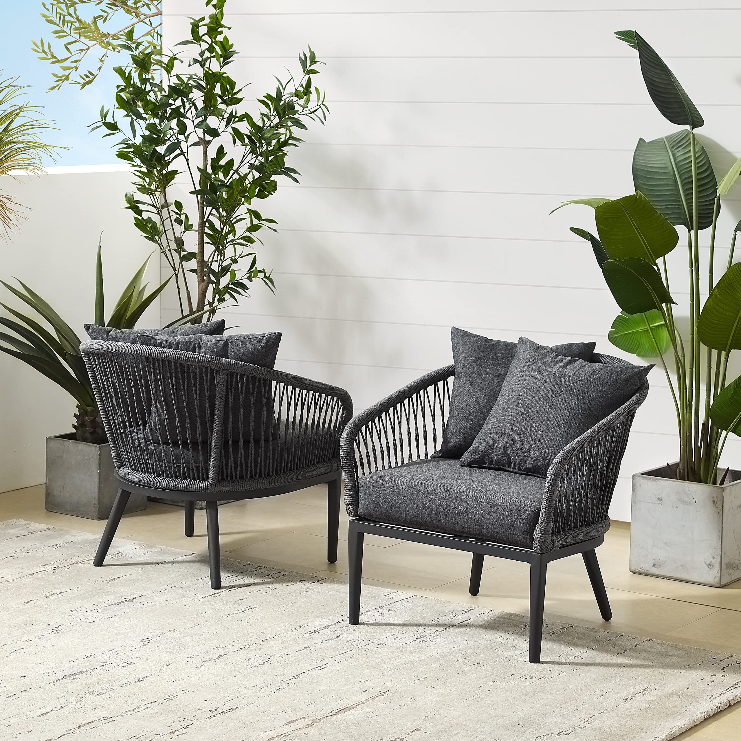 Crosley Dover 2-Piece Indoor Outdoor Chair Set - Matte Black Patio Chairs with Charcoal Cushions for Conversation, Porch, Deck, Garden & Backyard Relaxation