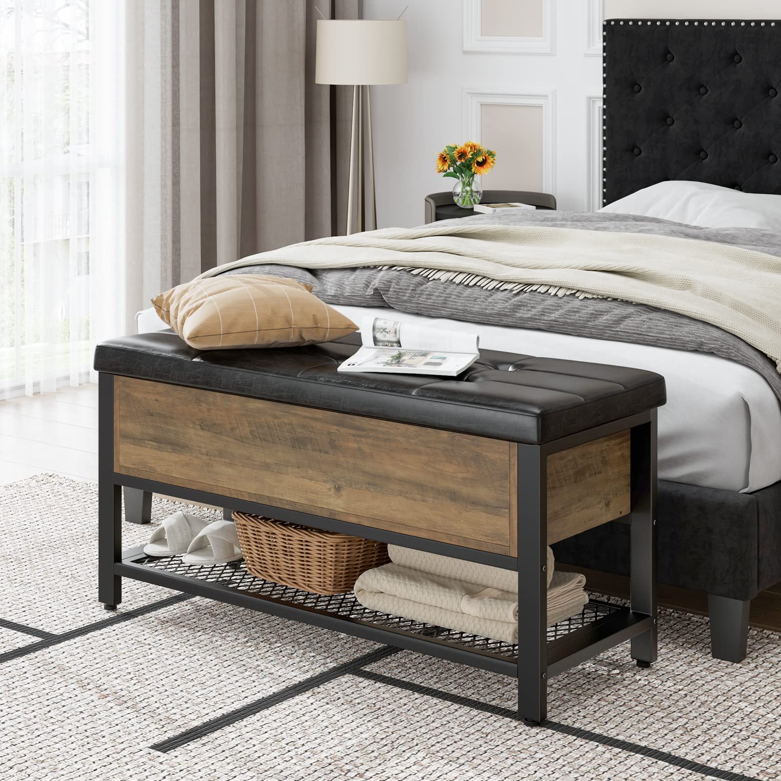 HOSTACK Storage Bench with Flip-Open Lid - Rustic Brown Entryway Shoe Bench, Bedroom Ottoman with Storage Shelf & Padded Seat - Perfect for Hallway, Living Room & Bed End Organization