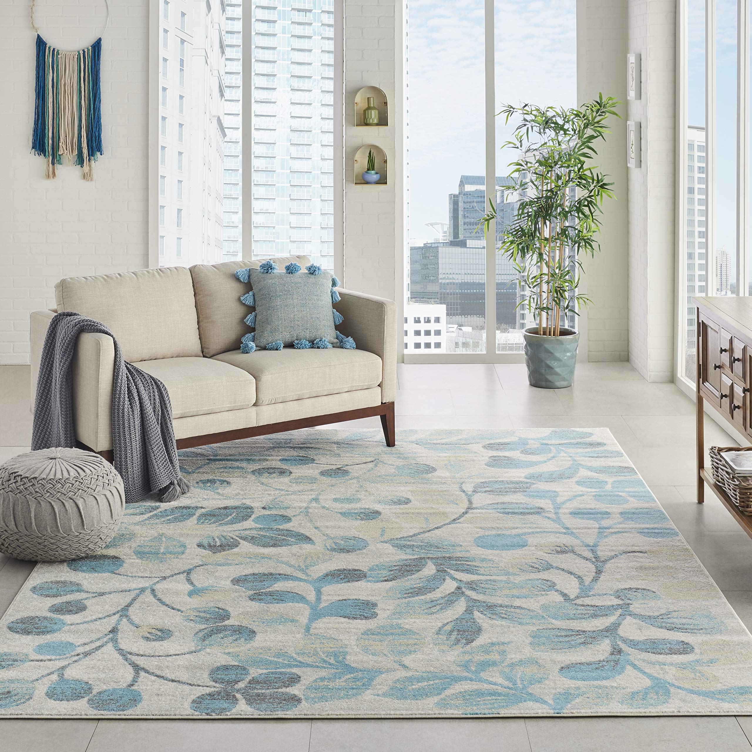 Nourison Tranquil Nature Ivory/Turquoise 8' x 10' Area Rug - Easy Cleaning, Non-Shedding, Soft & Durable - Perfect for Bedroom, Living Room, Dining Room & Kitchen Decor (8x10) - Cozy Home & Office Flooring Solution