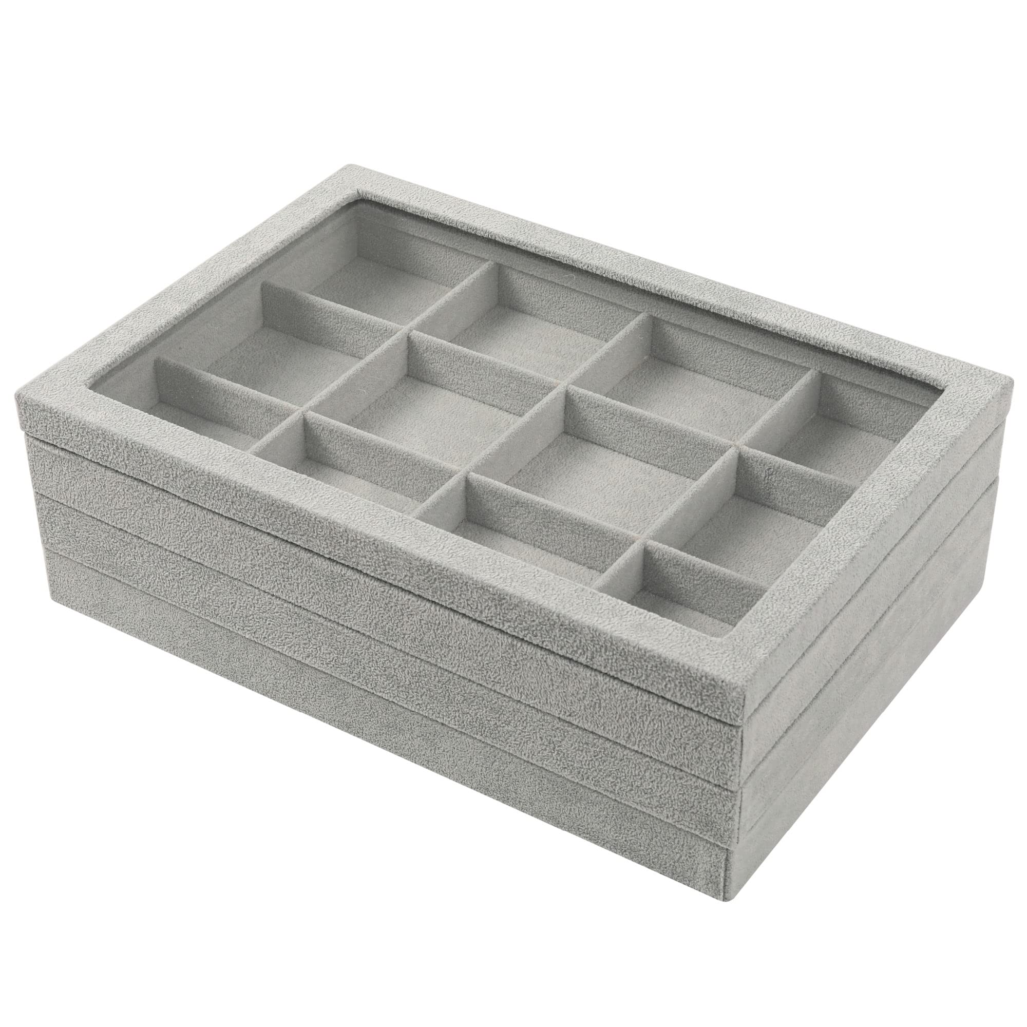 DIOMMELL 4 Pack Stackable Jewelry Organizer Box with Lid - Jewelry Storage Tray for Rings, Earrings, Bracelets & Necklaces - Perfect for Dresser, Vanity & Travel (Grey)