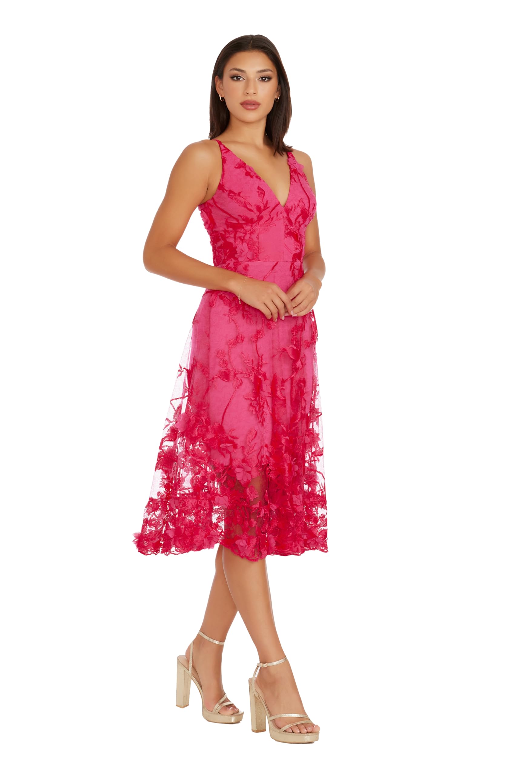 Dress the Population Women's Audrey Spaghetti Strap Midi A-line 3D Floral Dress - Elegant Summer Cocktail Party & Wedding Guest Dress