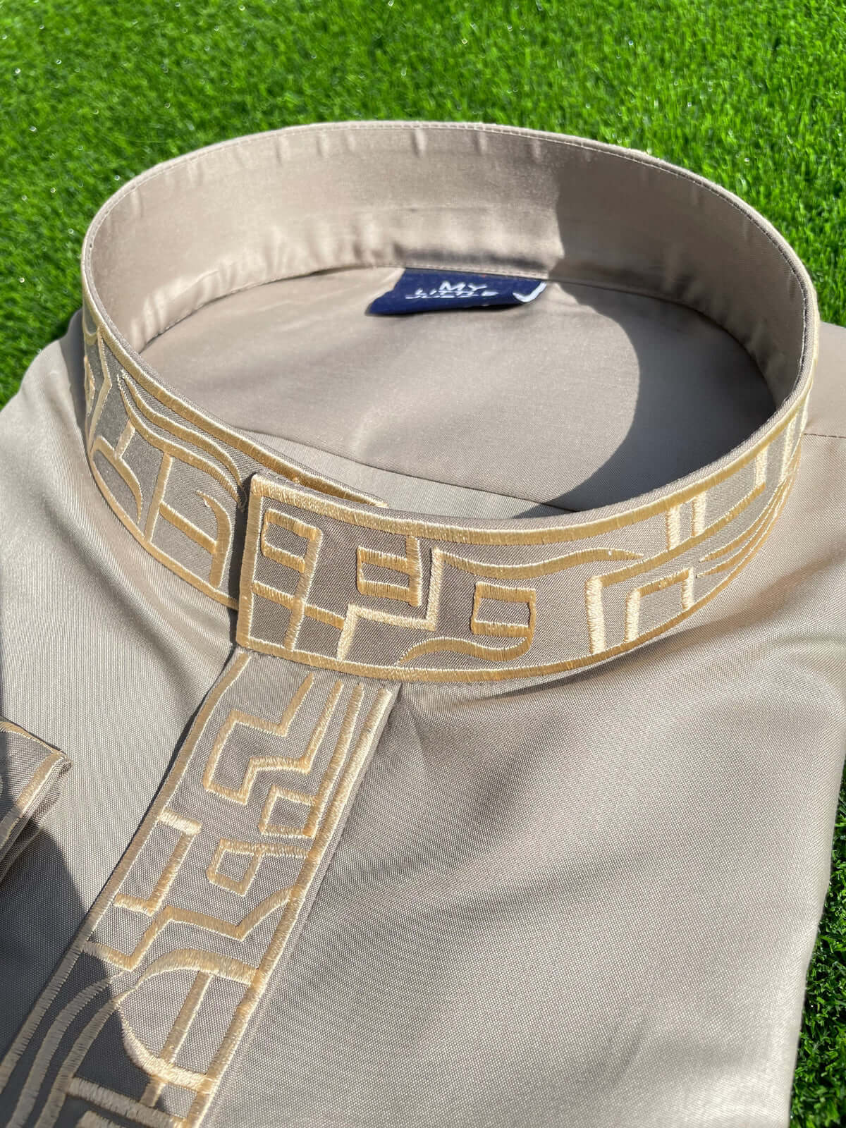 Premium Men's Silvered Sage Saudi Thobe with Gold Embroidery - Traditional Arabic Robe for Eid, Wedding & Special Occasions