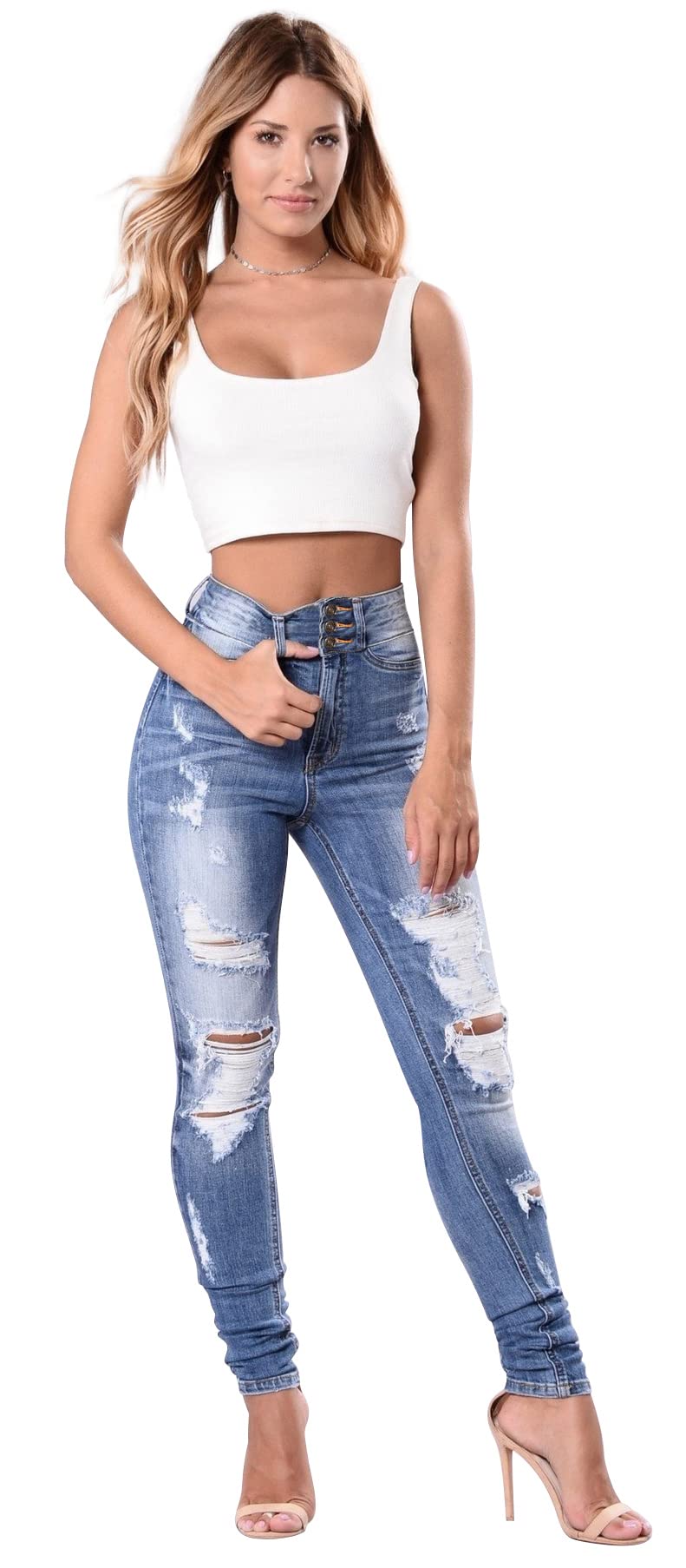 Women's High Waisted Butt Lift Stretch Ripped Skinny Jeans - Distressed Denim Pants for Juniors with Button Fly | Perfect for Casual Outfits, Date Nights & Street Style Fashion