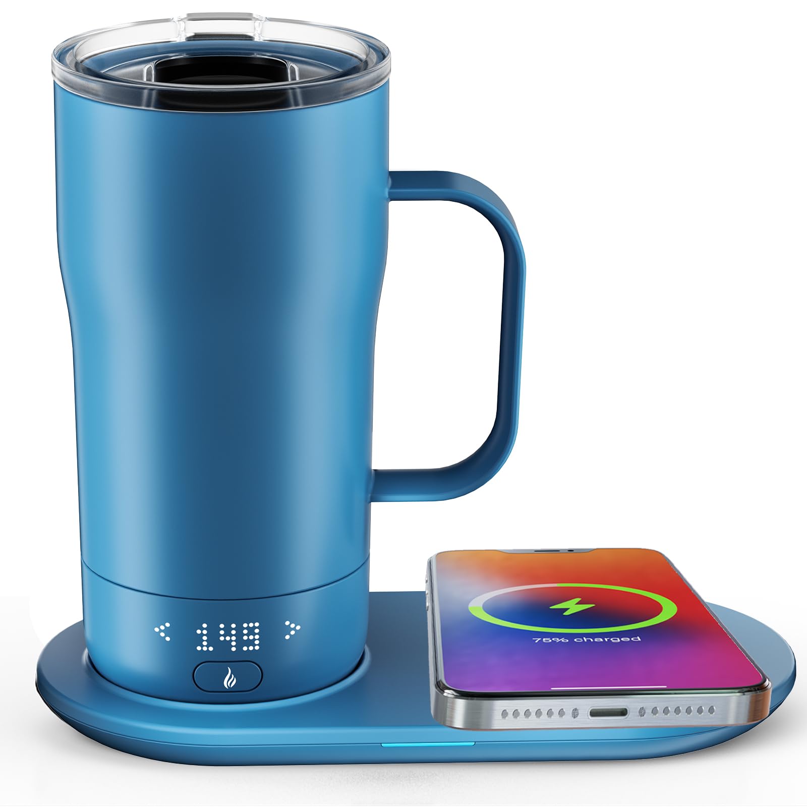 Smart Self Heating Coffee Mug 18oz - App Controlled Temperature Control Heated Travel Mug with LED Display & Wireless Charger Base - Keeps Coffee Hot for 5-10 Hours - Perfect for Office, Commuting, and Outdoor Activities - Lake Blue