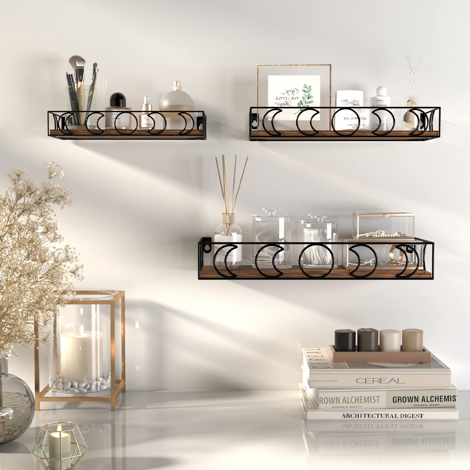 PHAREGE Moon Phase Floating Shelves Set of 3 - Brown & Black Small Wall Shelves for Books, Plants & Home Decor | Crystal Figurine Display Shelf for Bedroom, Kids Room & Living Room | Space-Saving Storage Solution for Small Spaces