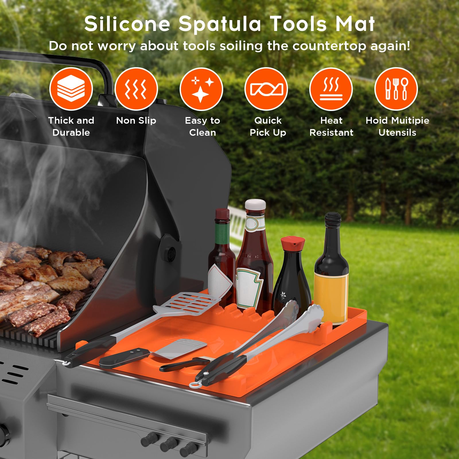 Non-Stick Silicone Grill Mat for Blackstone Griddle - 17x11.5 Large BBQ Cooking Mat with Drip Tray & Spatula - Heat Resistant Griddle Accessories for Outdoor Cooking, Kitchen Countertops (Orange) - Perfect for Backyard BBQs, Camping & Indoor Stovetop Use