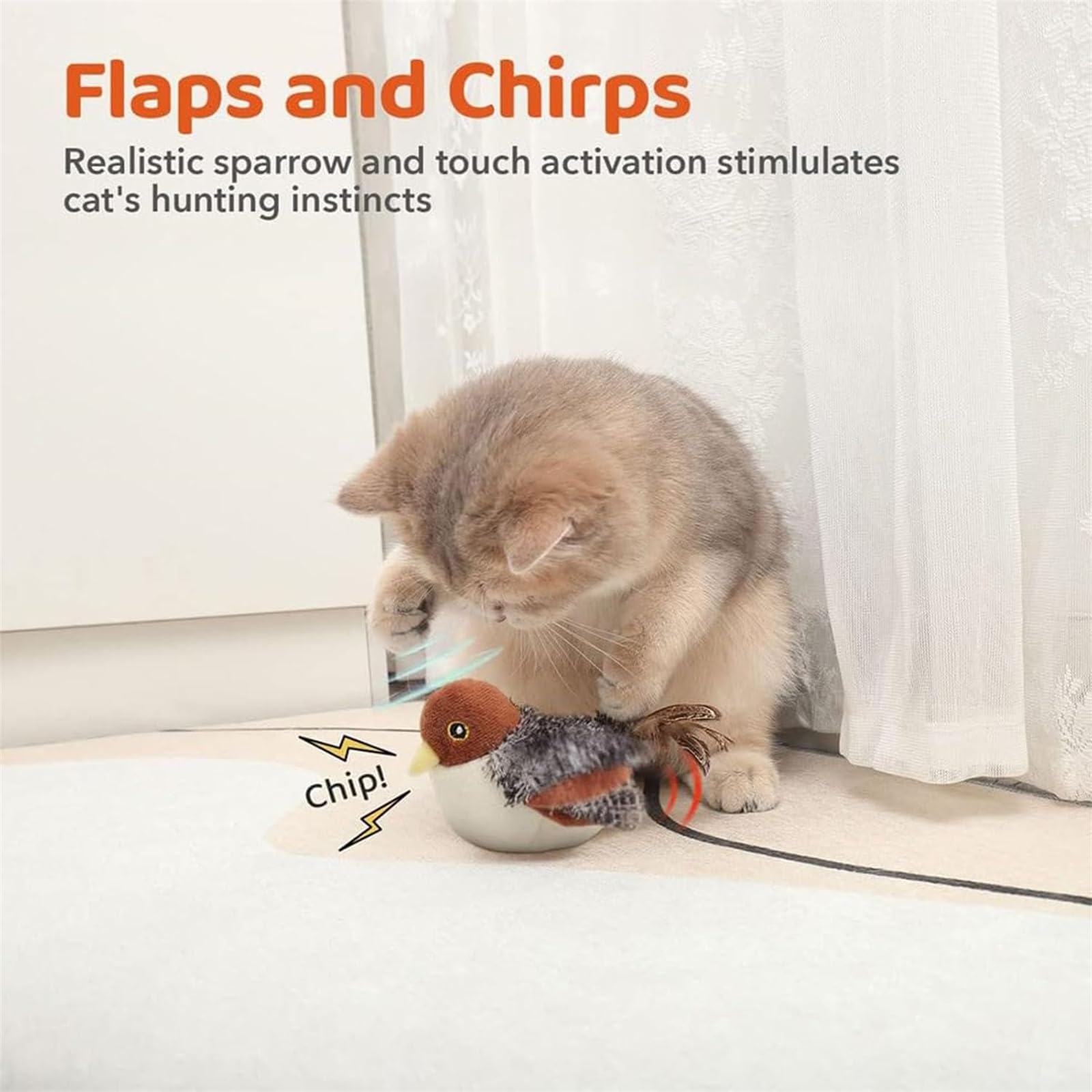Interactive Flapping Chirping Bird Cat Toy with Feather Tail - Realistic Flying Sparrow Simulation for Bored Indoor Cats | Perfect for Playtime, Exercise & Mental Stimulation