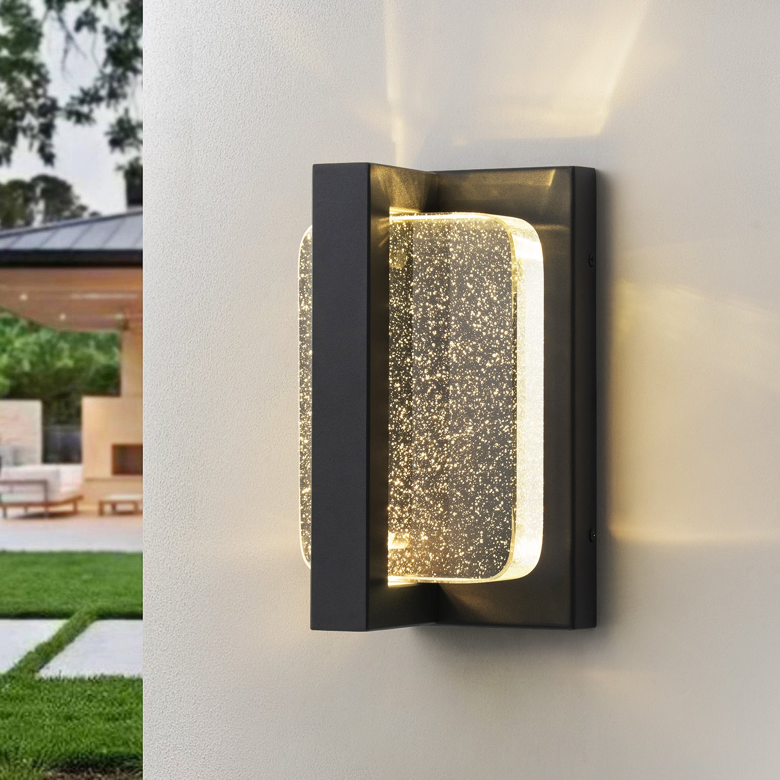 Glowlings 1-Light Modern 11-Inch High IP54 Black Seeded Crystal Integrated LED Outdoor Wall Sconce - Waterproof Exterior Lighting for Porch, Patio, Garden & Entryway