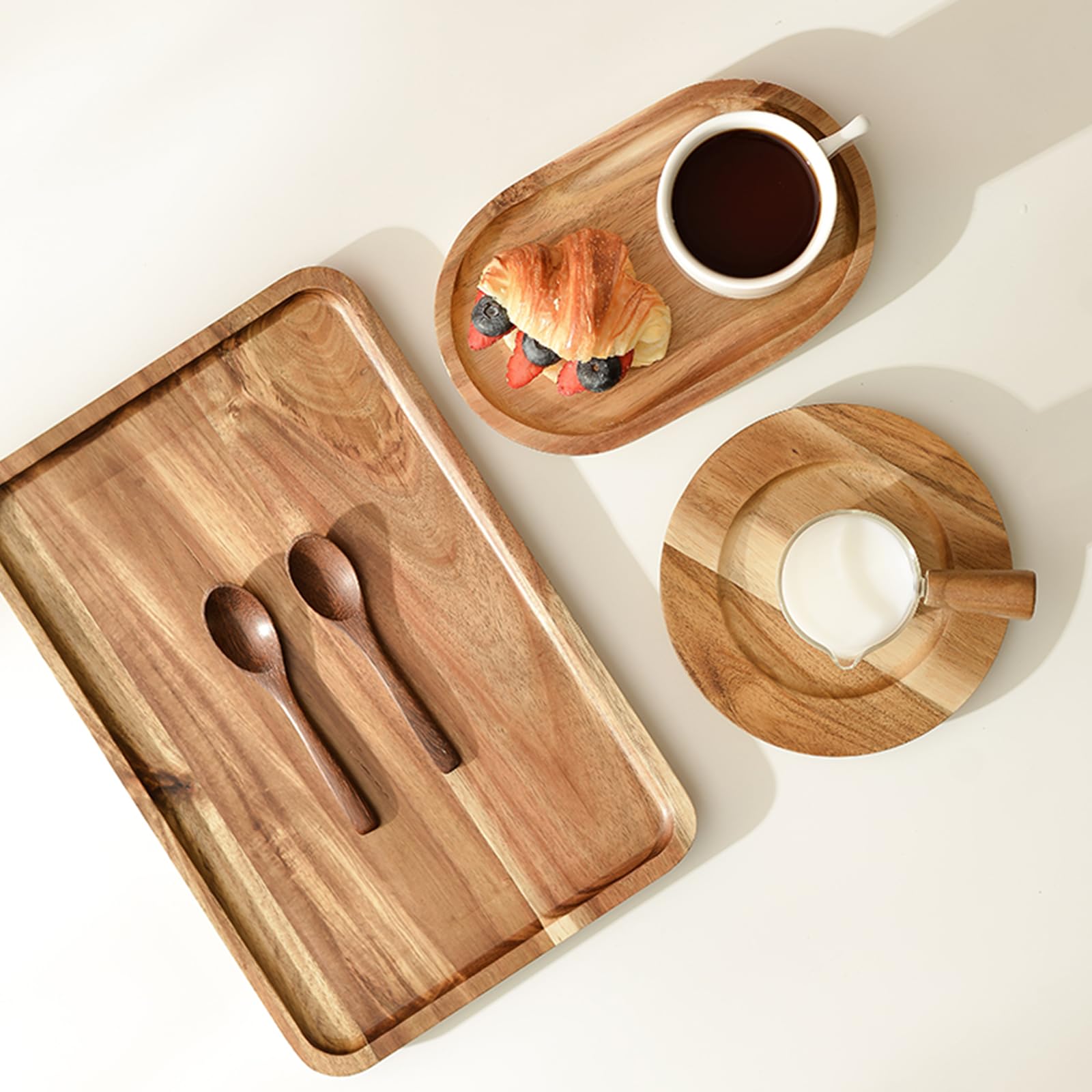 YOUEON Set of 2 Acacia Wood Serving Trays with Raised Edge - 14.2 x 9.5 Inch Rectangular Wooden Plates for Appetizers, Cheese, Sandwiches, Desserts, Coffee, Fruits & Cookies - Perfect for Entertaining, Kitchen Serving, Party Snacks & Coffee Table Decor