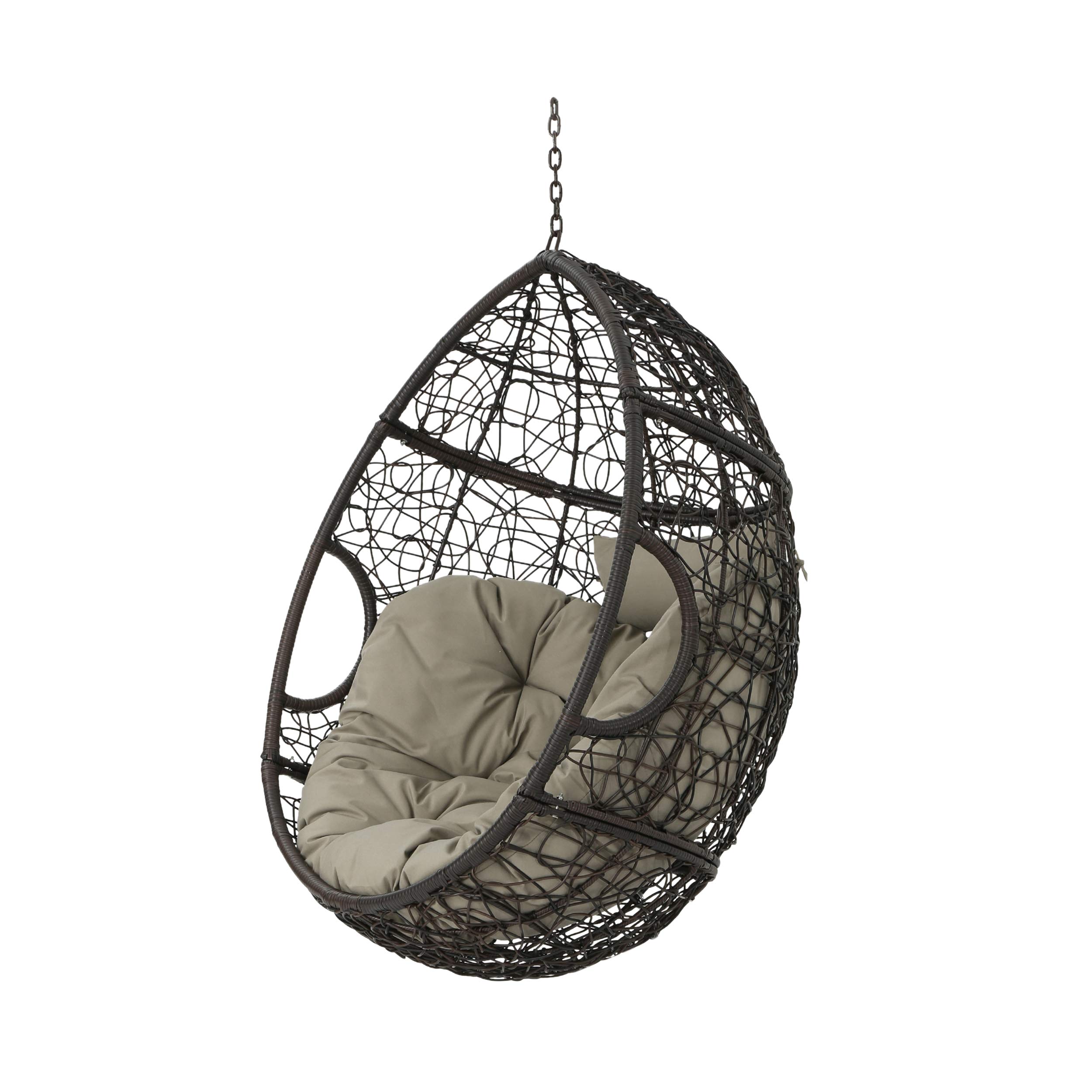 Christopher Knight Home Leander Indoor/Outdoor Hanging Basket Chair - Woven Rattan Swing Seat with Cushion, Multi-Brown & Khaki (Stand Not Included) - Perfect for Patio, Garden, Porch or Balcony Relaxation