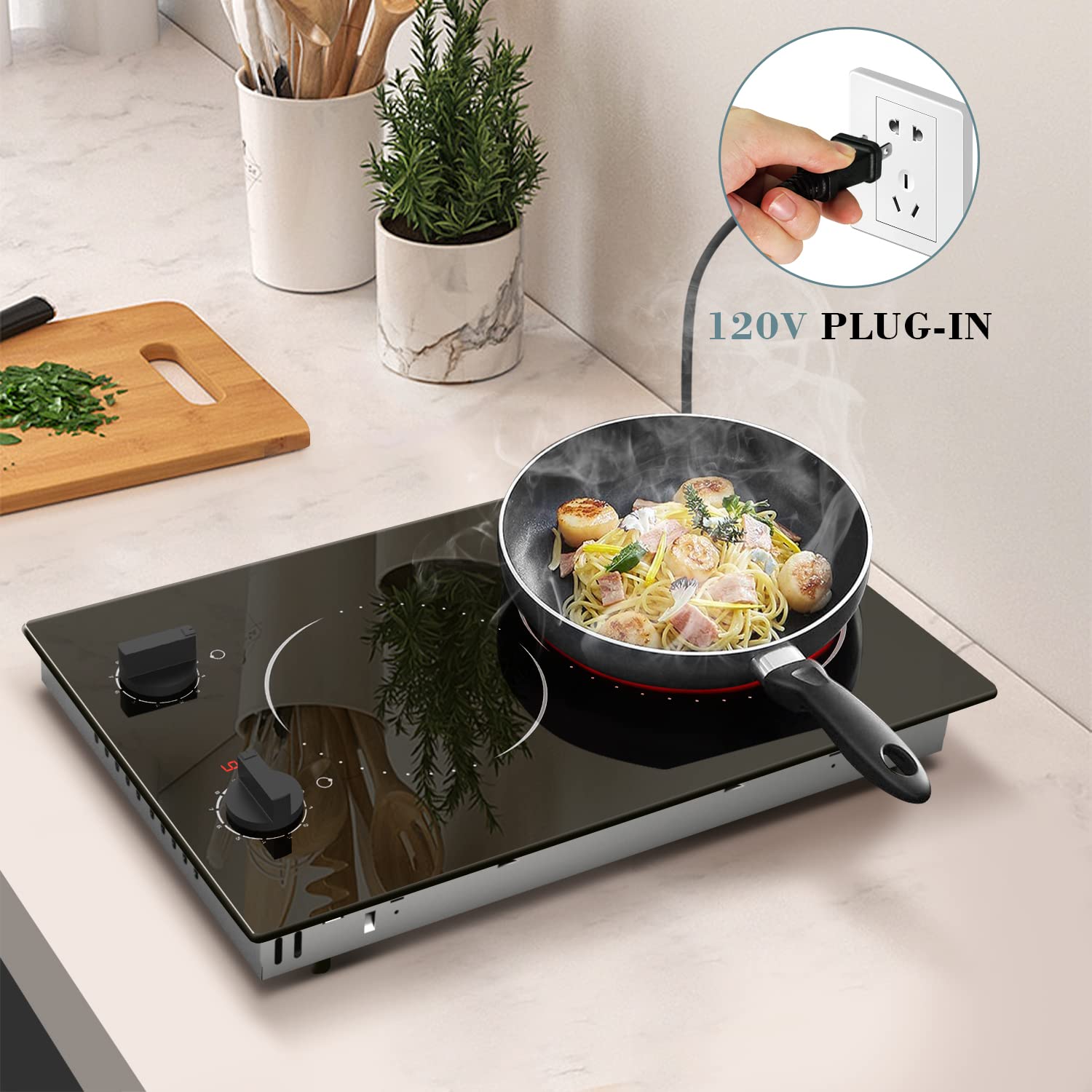Hobsir 2 Burner Electric Cooktop - 12 Inch Countertop & Built-in Stove with Knob Control, 110V, Residual Heat Indicator & Over-Temperature Protection - Perfect for Small Kitchens, Apartments, RVs & Dorm Rooms