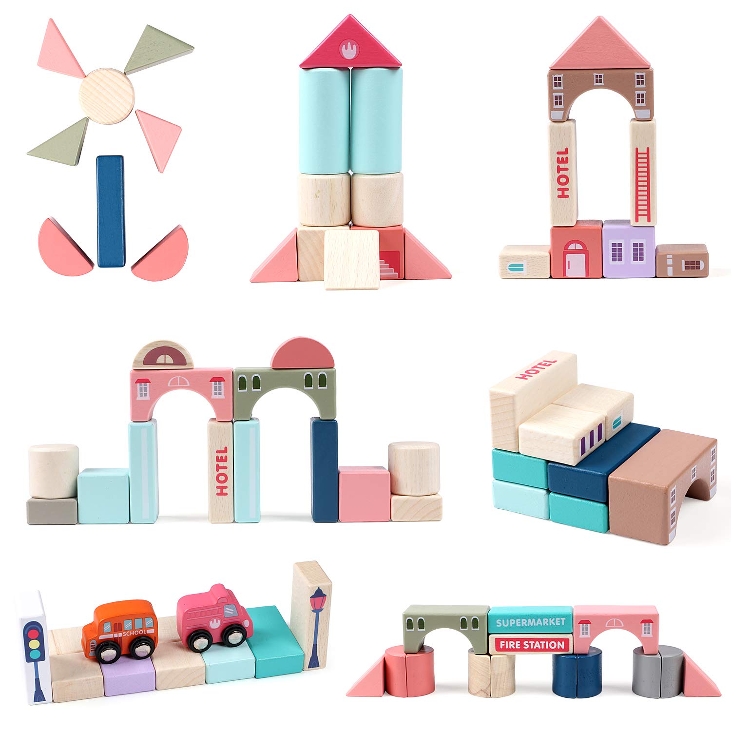 Lewo 115pcs Wooden Building Blocks - Educational STEM Toys for Kids 3-6 Years | Creative City Map Playset for Preschool Learning