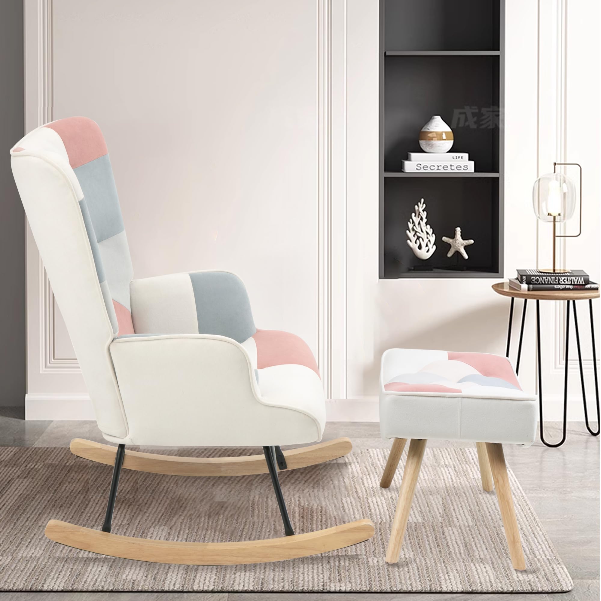 Patchwork Pink Upholstered Rocking Chair with Ottoman - High Backrest Glider Accent Chair for Nursery, Living Room & Bedroom - Comfy Small Side Armchair for Relaxing, Nursing & Reading