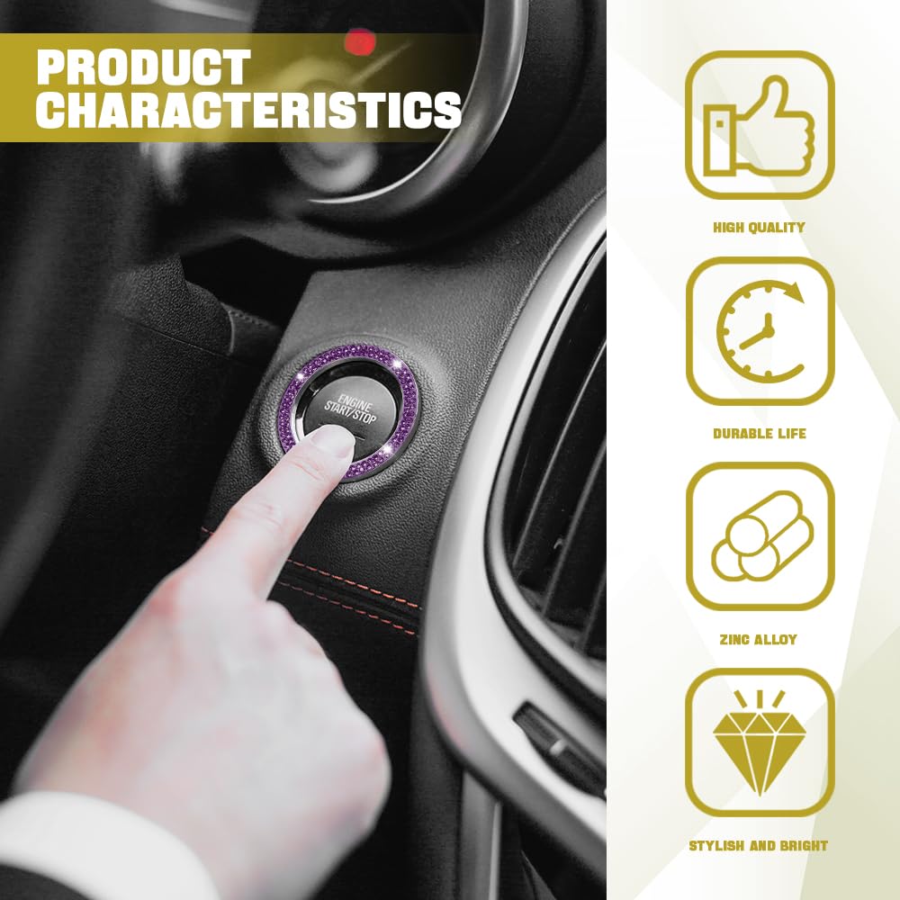 Sparkling Crystal Rhinestone Car Ring Emblem Sticker - Push Start Button Cover & Key Ignition Knob Decor - Luxury Car Interior Accessories for Women | Perfect for Sedan, SUV, Coupe Customization & Gift Giving