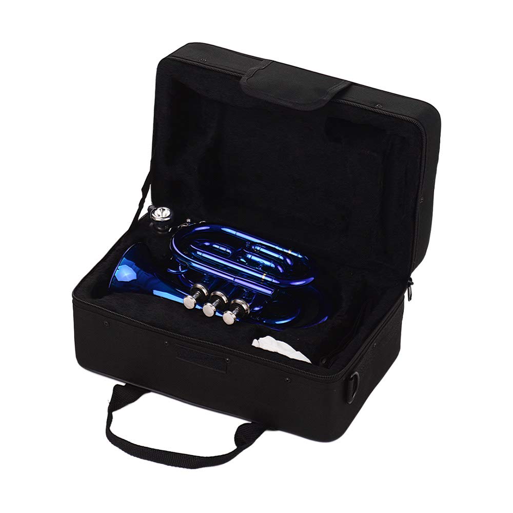 Portable Bb Pocket Trumpet - Compact Brass Wind Instrument with Mouthpiece, Gloves, Cleaning Cloth & Carrying Case | Perfect for Travel, Practice & Beginner Musicians