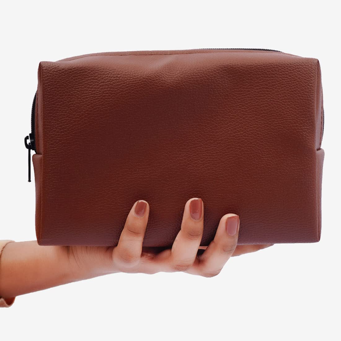 Crazyify Brown Solid PU Cosmetic Bag - Waterproof Travel Makeup Pouch for Women | Toiletry Organizer | Perfect for Travel, Gym, and Daily Use