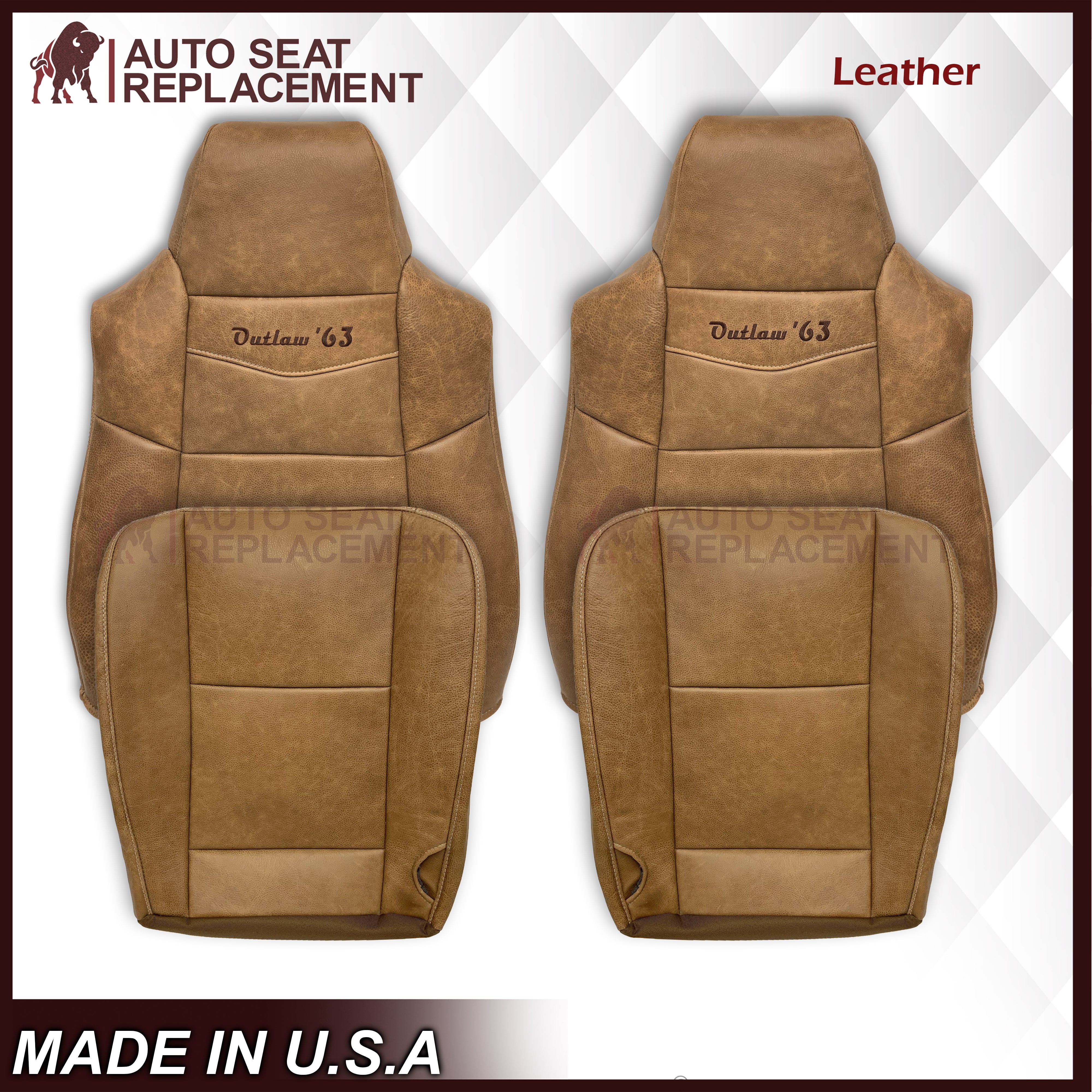 2007 Ford F250 F350 King Ranch Genuine Cowhide Leather Front Seat Covers with Outlaw '63 Logo - Premium Replacement for Truck Seats - Perfect for Restoration & Off-Road Adventures