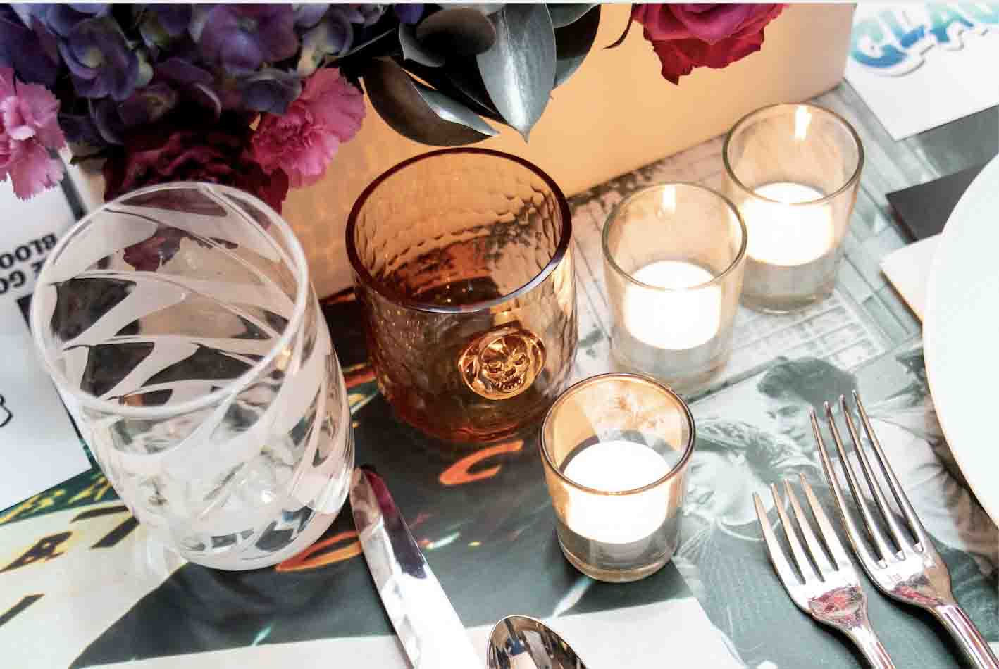 Skull Stamp Wine Glass Set of 4 - Wooden Finish - Gothic Home Barware for Halloween Parties & Themed Decor