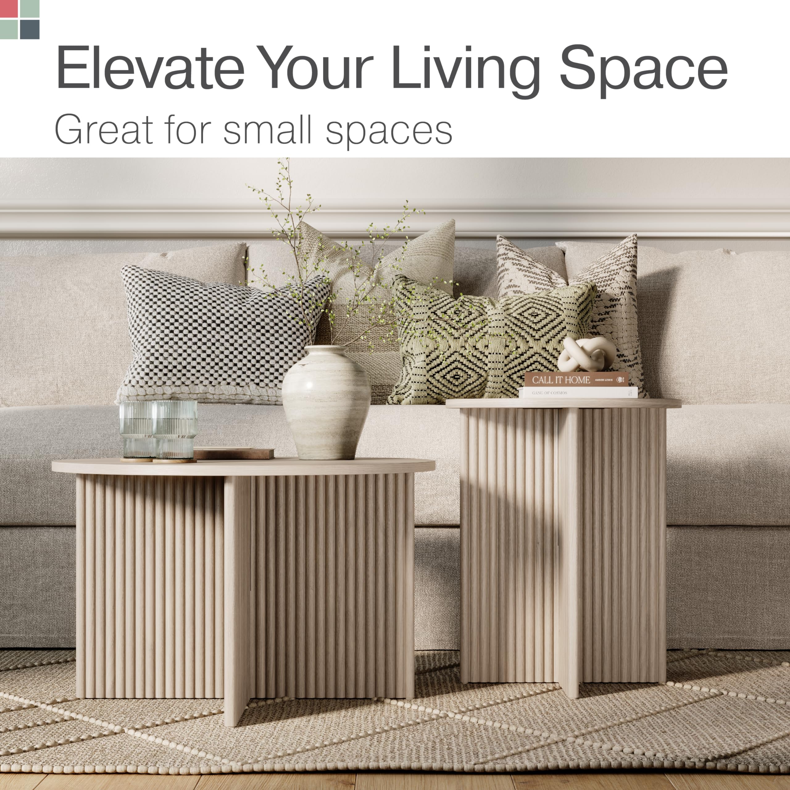 Round Fluted Nesting Coffee Table Set of 2 - Modern Solid Wood Base with Wood Grain Veneer Top in Weathered White - Stylish Living Room Furniture for Small Spaces & Home Decor - Perfect for Apartments, Lounges and Cozy Living Areas