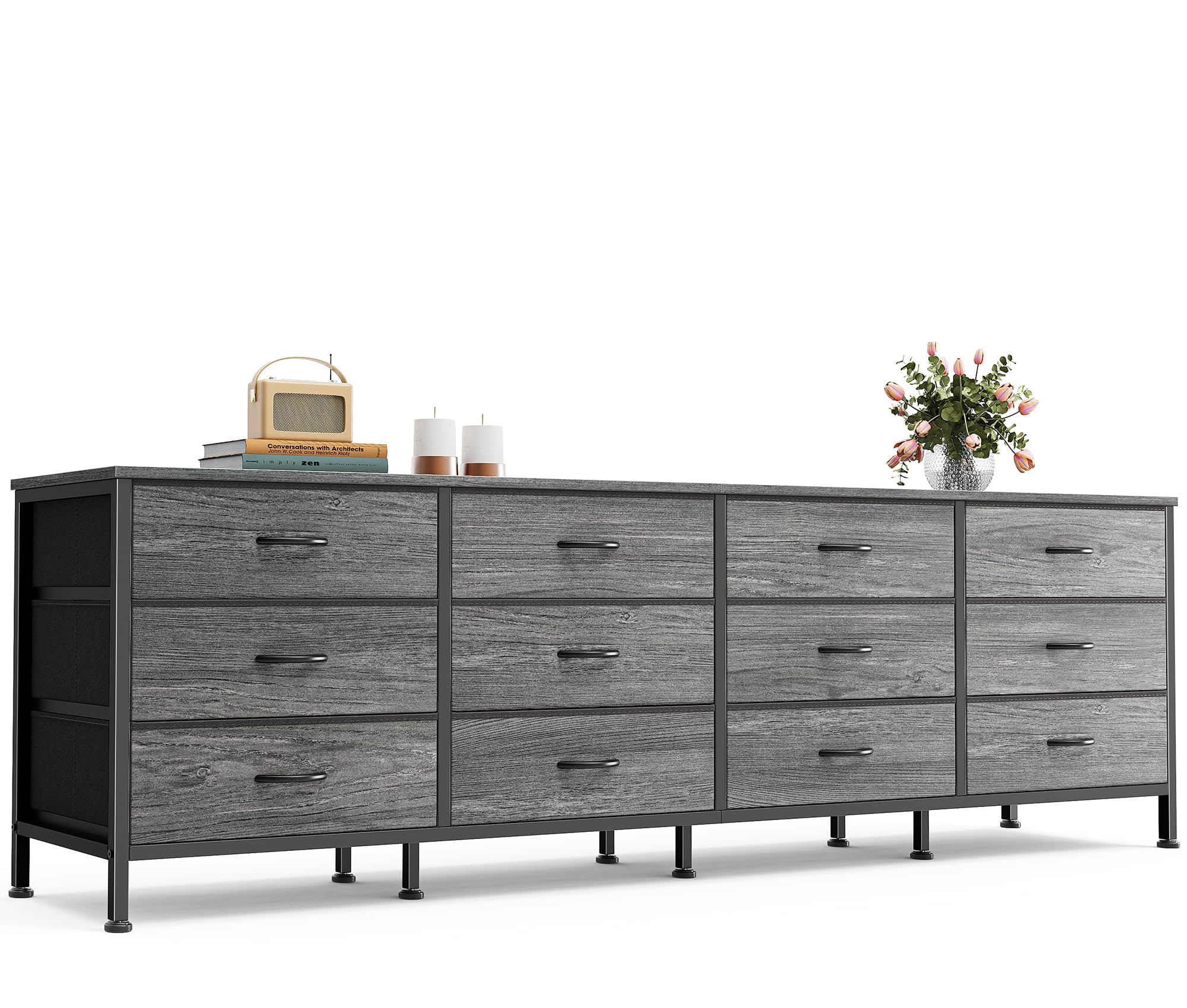 Huuger 70 Inch Dresser for Bedroom & Living Room - 12 Drawer Storage Organizer Unit, TV Stand for 65/75/80 Inch TVs, Wide Chest of Drawers with Fabric Drawers, Large Storage Furniture - Perfect for Bedroom Organization & Living Room Entertainment Setup (Grey)