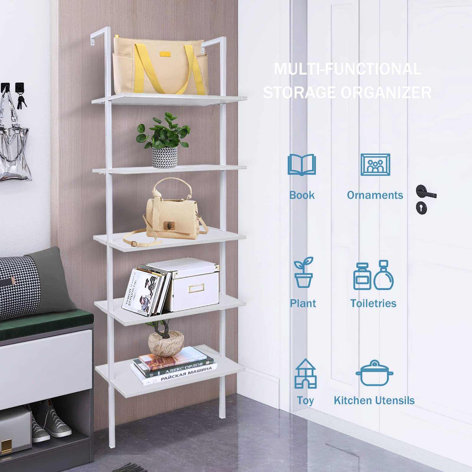 5-Tier Wall Mounted Ladder Shelf - Sturdy Metal Frame & Wood Shelves - Modern Bookshelf for Living Room, Bedroom, Office - Space-Saving Storage Solution for Books, Decor & Essentials (24