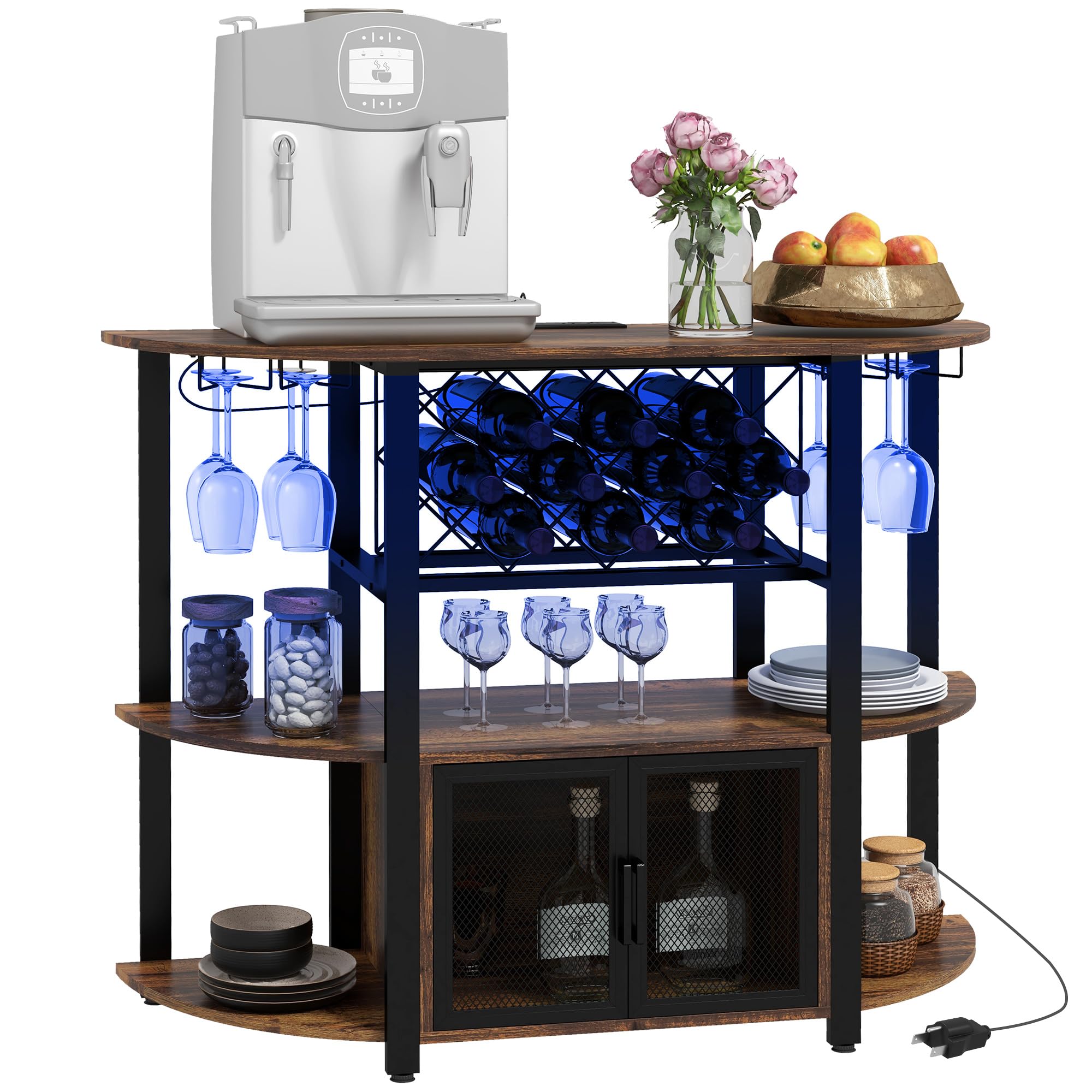 HOMCOM Industrial Wine Bar Cabinet with USB Charging Station, LED Lights & 10-Bottle Rack - Rustic Brown Liquor Storage with Glass Holders, Mesh Doors & Open Shelves - Perfect for Home Bars, Man Caves & Entertaining Guests