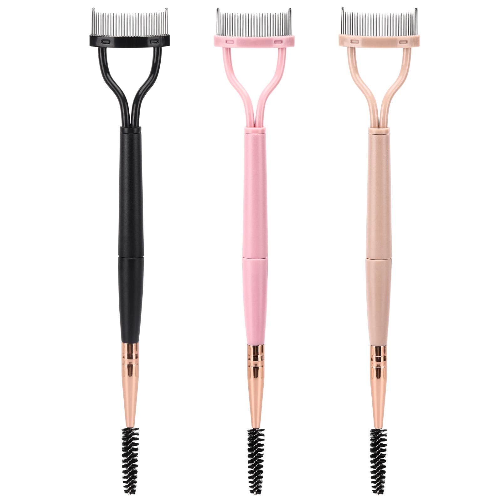 3 Pack Eyelash Comb & Separator with Spoolie - Dual Head Arc Mascara Comb for Eyelash Extensions, Eyebrow Grooming & Makeup Application (Black, Pink) - Perfect for Salon Professionals & Home Beauty Care