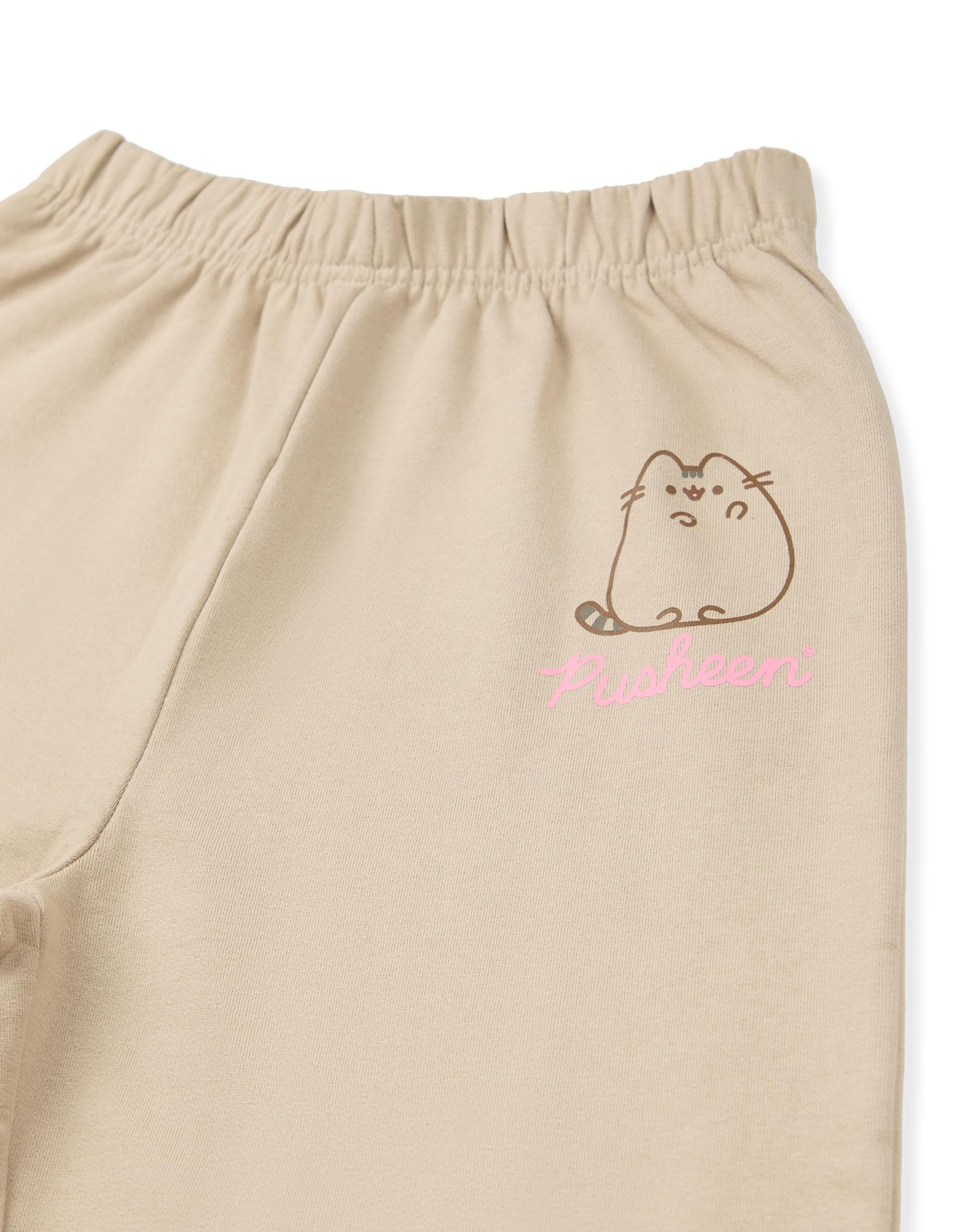 Pusheen Girls Sweatshirt and Joggers Set - Cute Big Face Graphic Print Hoodie & Pants in Beige | Kids Casual Outfit for School, Playdates and Cozy Home Wear