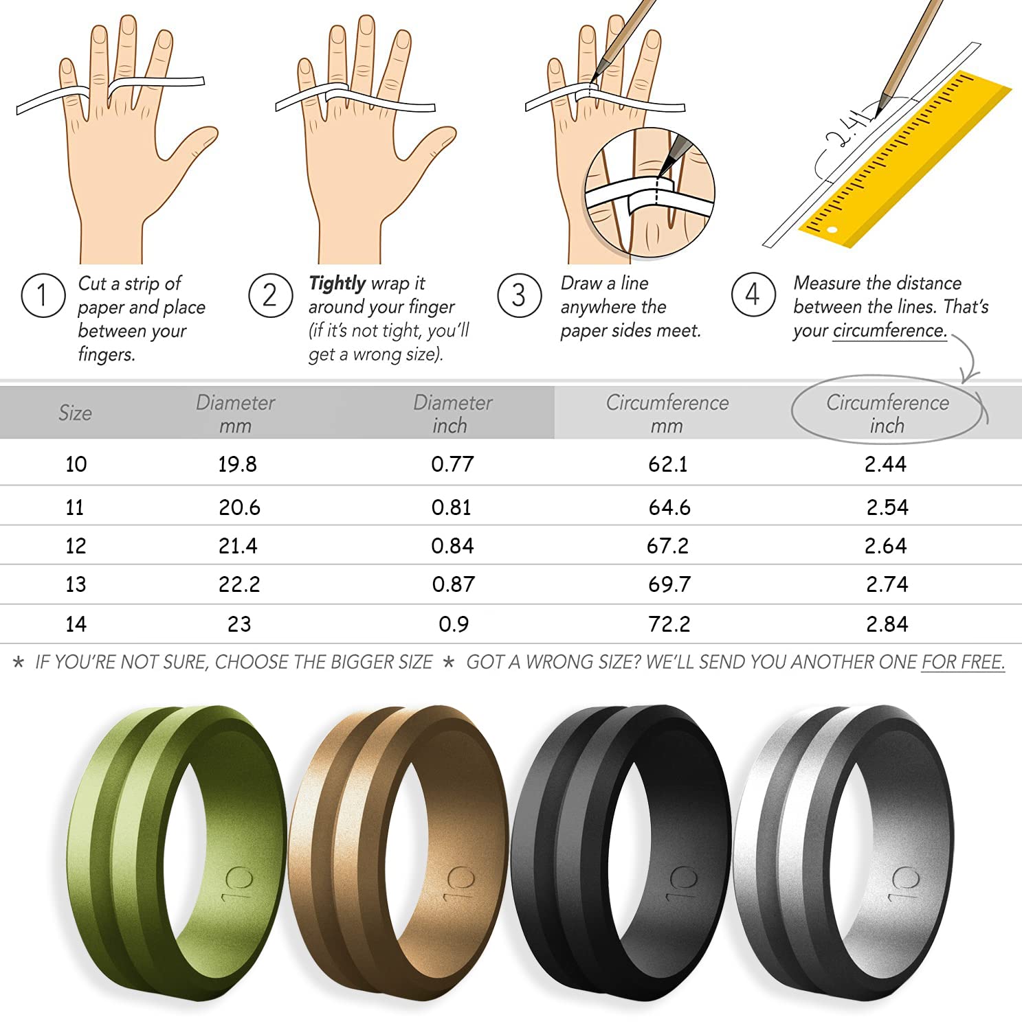 Men's Silicone Wedding Rings - 4 Pack Fashion Comfort Rings for Sports & Daily Wear - Black, Silver Grey, Brown, Green - Durable Metallic Style Bands for Gym, Work, Travel & Outdoor Activities