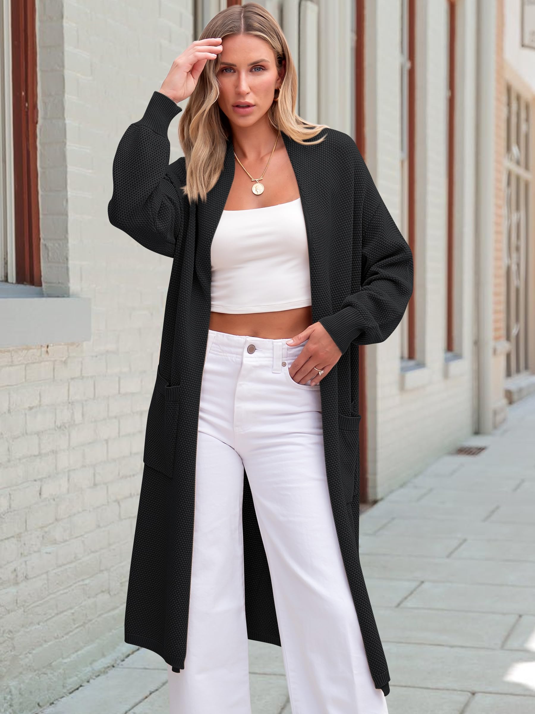 ANRABESS Women's Long Cardigan Sweater - Open Front Long Sleeve Slouchy Oversized Coat | 2024 Winter Chunky Knit Waffle Coatigan | Perfect for Casual Outfits, Office Wear & Cozy Home Lounging