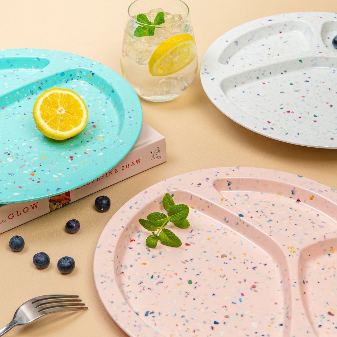 2-Piece Confetti Divided BBQ Plates Set - Pink Melamine Serving Dishes for Outdoor Picnics, Parties & Grilling