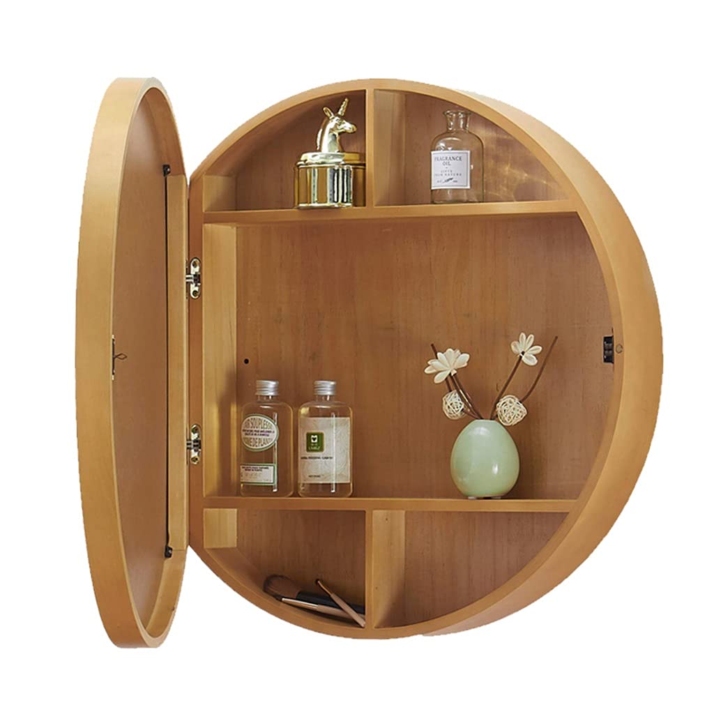 Round Wooden Bathroom Mirror Cabinet with Storage - 60cm Wall Mounted Vanity Mirror for Bathroom, Bedroom & Dressing Room | Space-Saving Organizer for Makeup, Toiletries & Essentials (Wood Color)