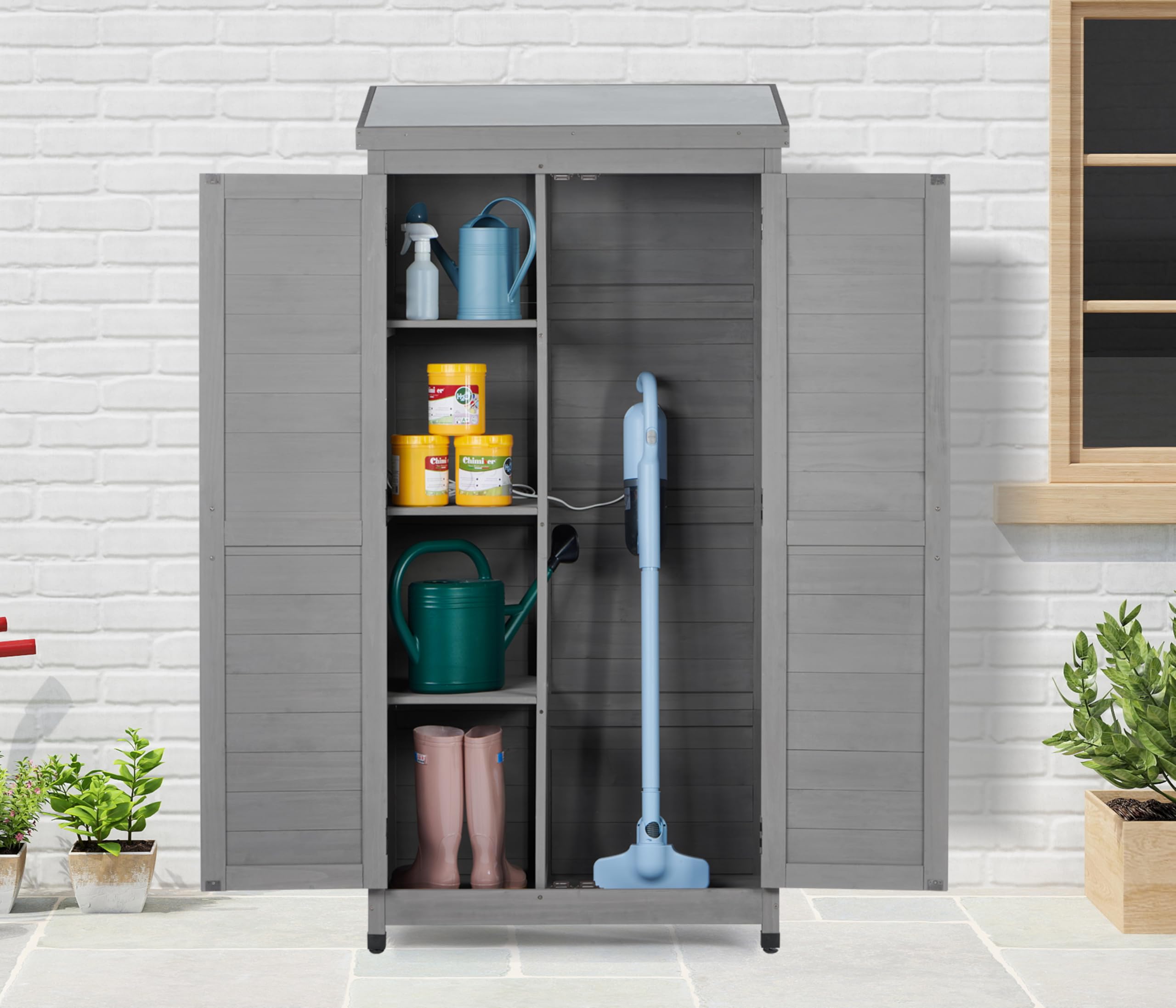 Outdoor Wooden Storage Shed with Metal Roof - Tall Vertical Tool Cabinet for Backyard, Garden, Patio & Lawn Organization | Perfect for Storing Gardening Tools, Lawn Equipment & Outdoor Supplies