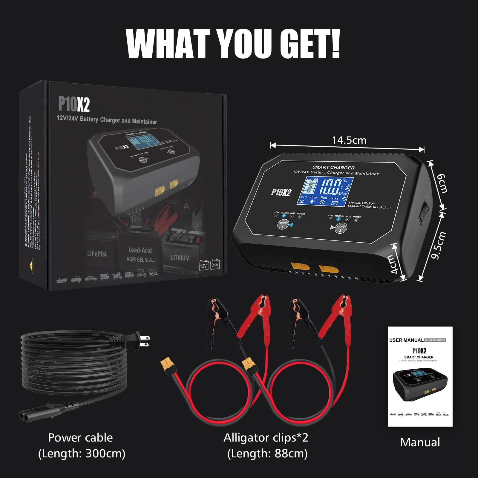 2-Bank 20A(10A/Bank) 12V/24V Smart Car Battery Charger & Maintainer - Automatic Charger for Lead-Acid, Lithium, LiFePO4 Batteries - Ideal for Cars, Motorcycles, Marine, Boats & RV Maintenance