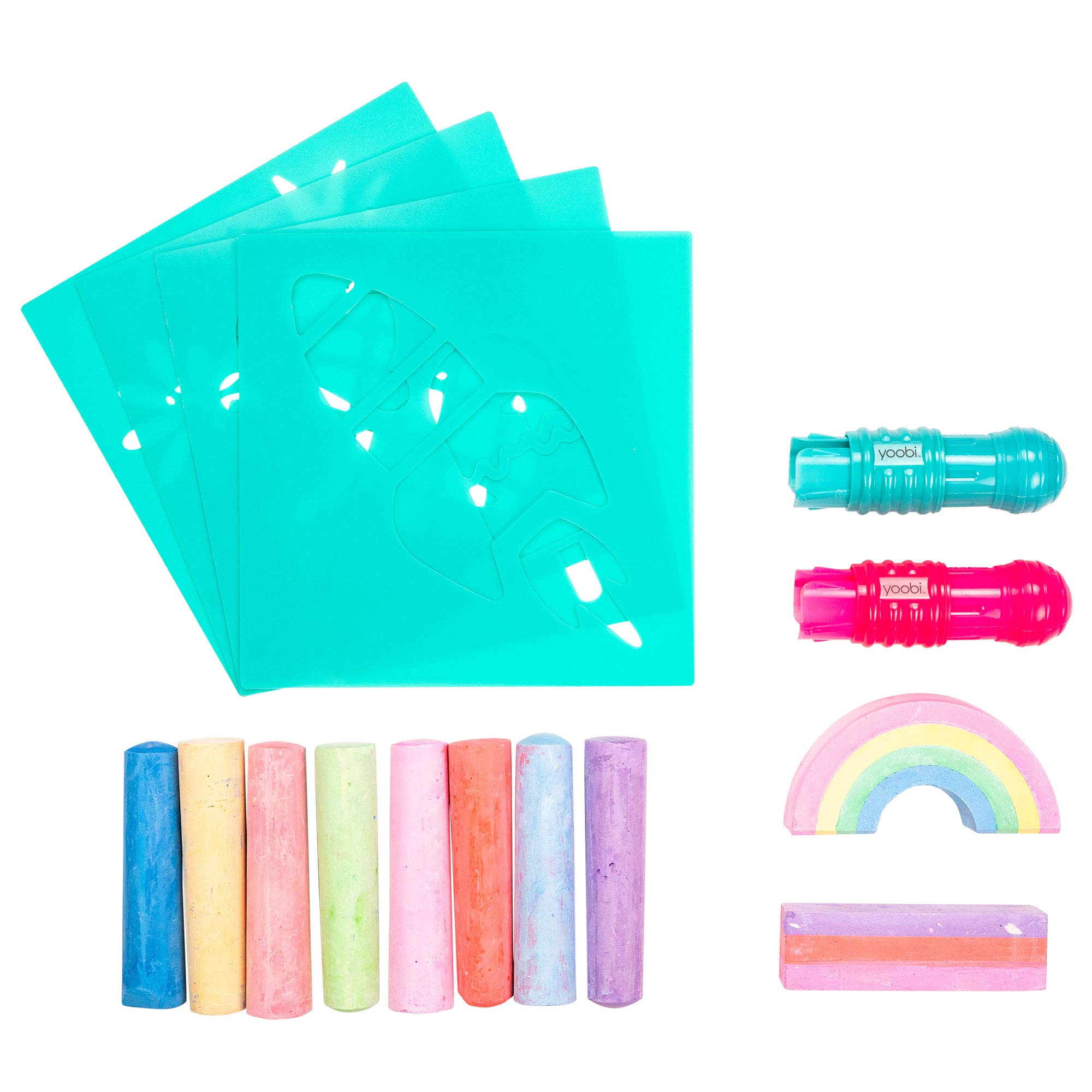 Yoobi Rainbow Sidewalk Chalk and Stencil Set - 16 Piece Non-Toxic Washable Chalk with 2 Holders & 4 Fun Stencils for Kids Outdoor Art Activities | Perfect for Birthday Gifts, Summer Play & Creative Street Drawing
